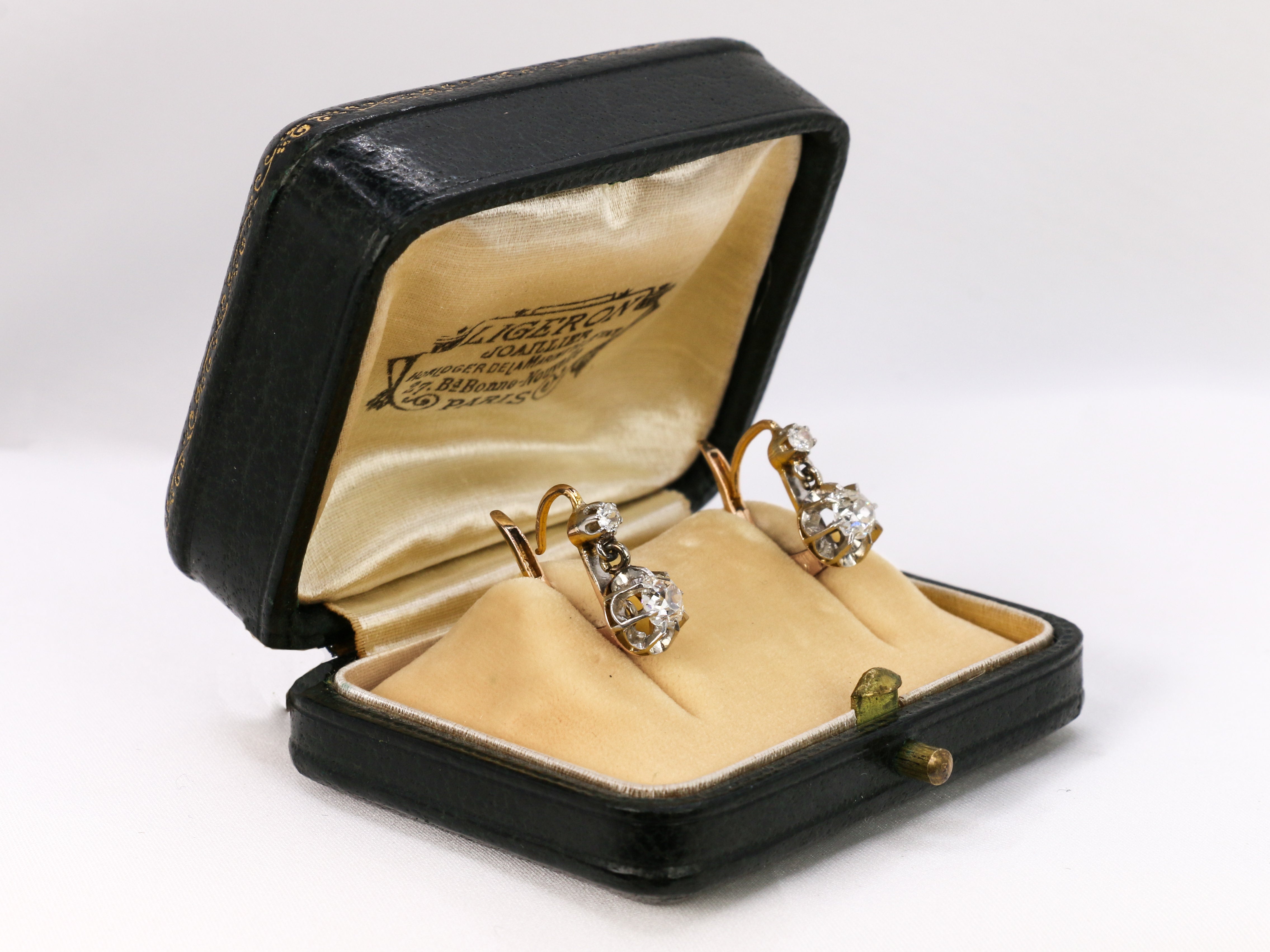 Antique sleeper earrings in gold, silver and old cut diamonds