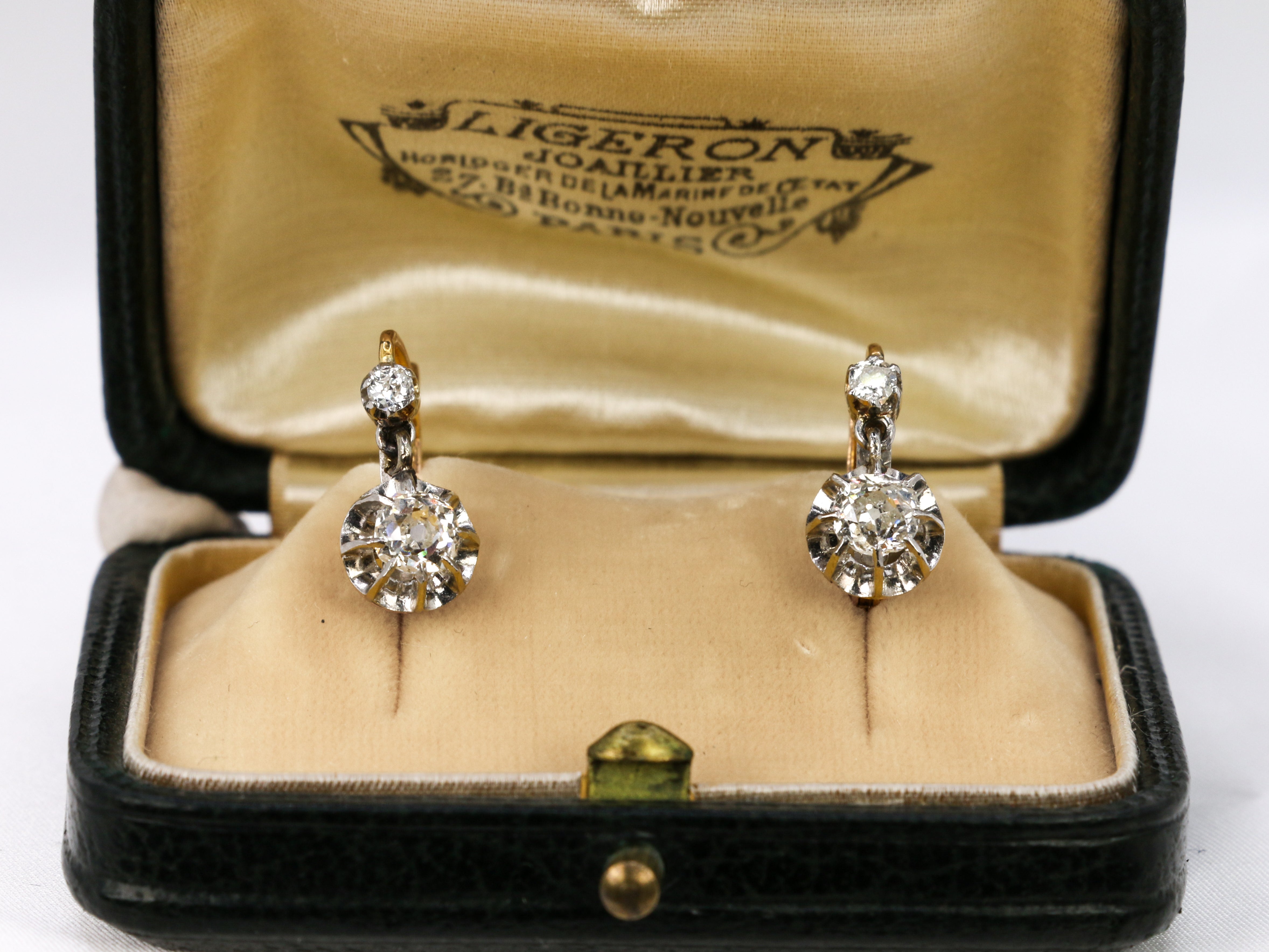 Antique sleeper earrings in gold, silver and old cut diamonds