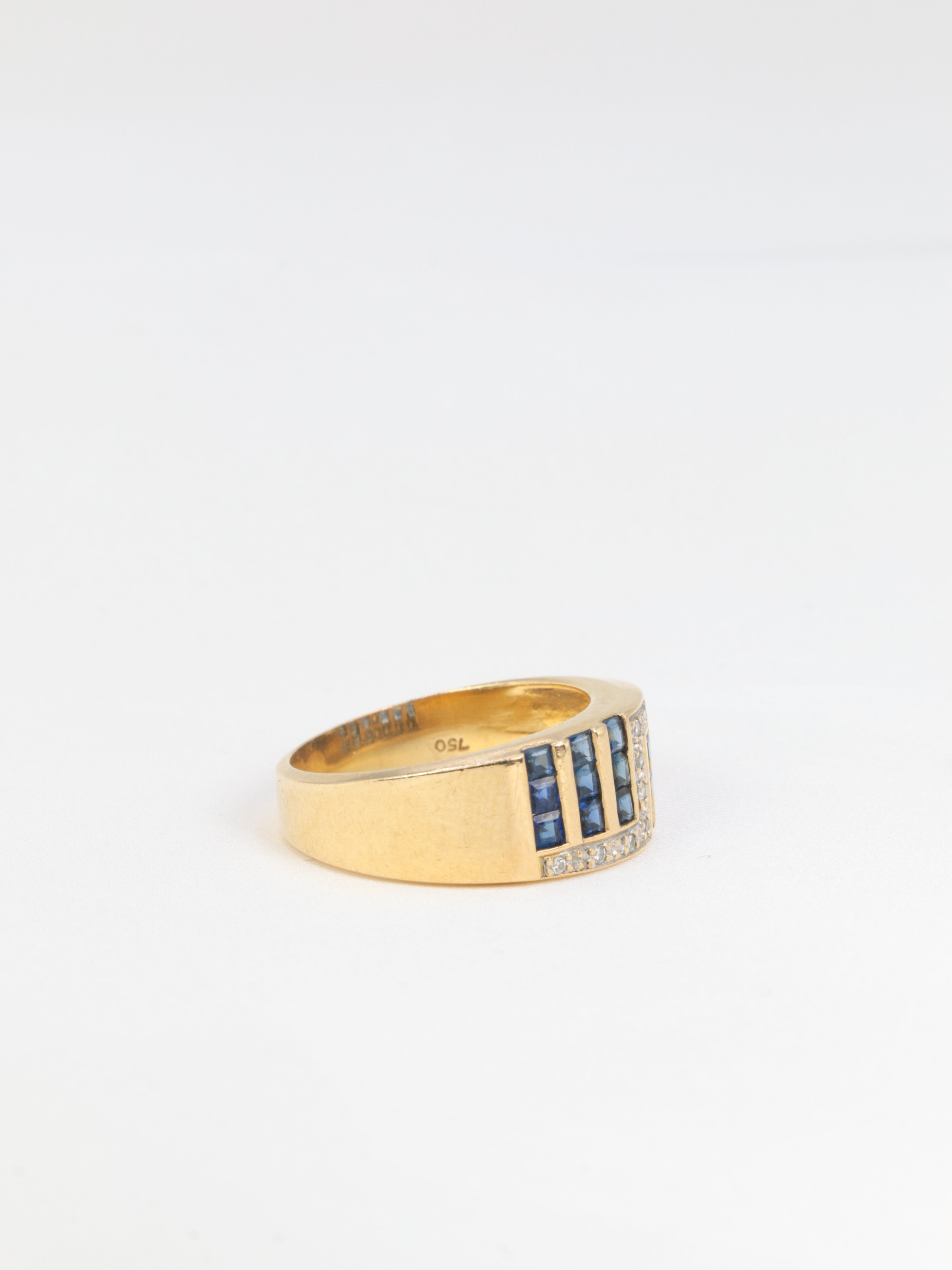 Bague vintage géométrique en or, saphirs et diamants
