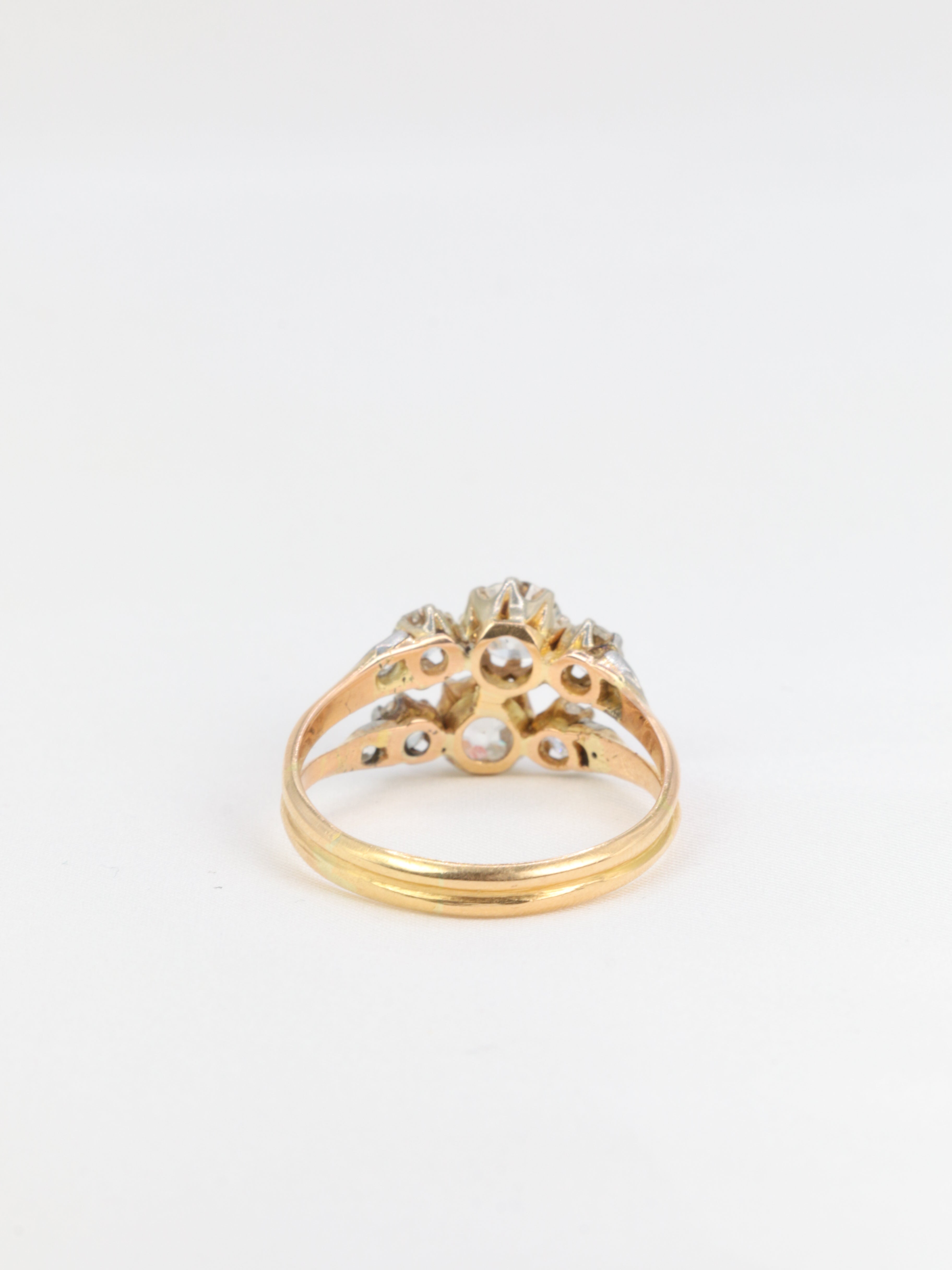 Bague ancienne toi et moi en or, argent et diamants taille ancienne