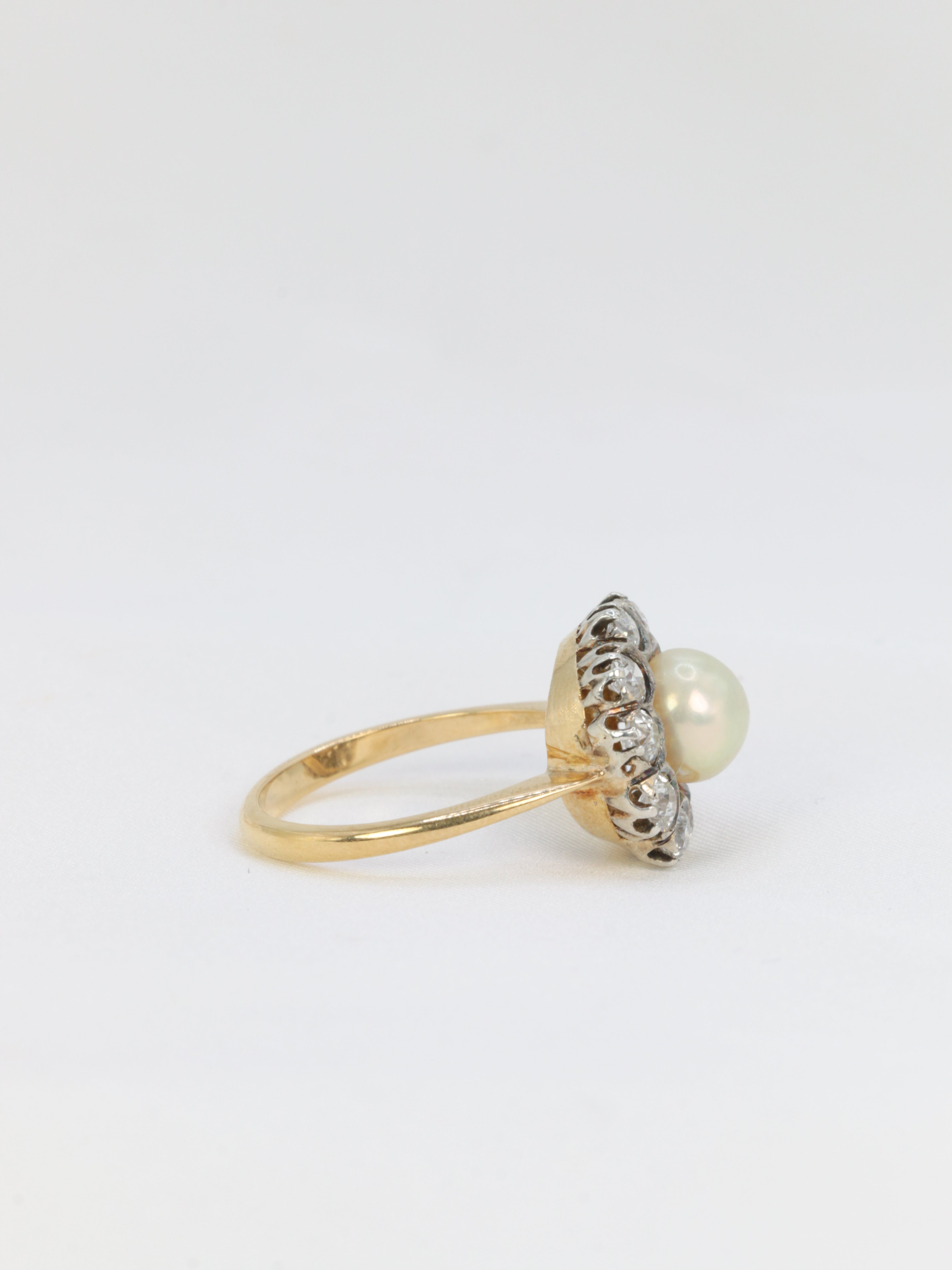 Bague marguerite or jaune argent diamants perle fine