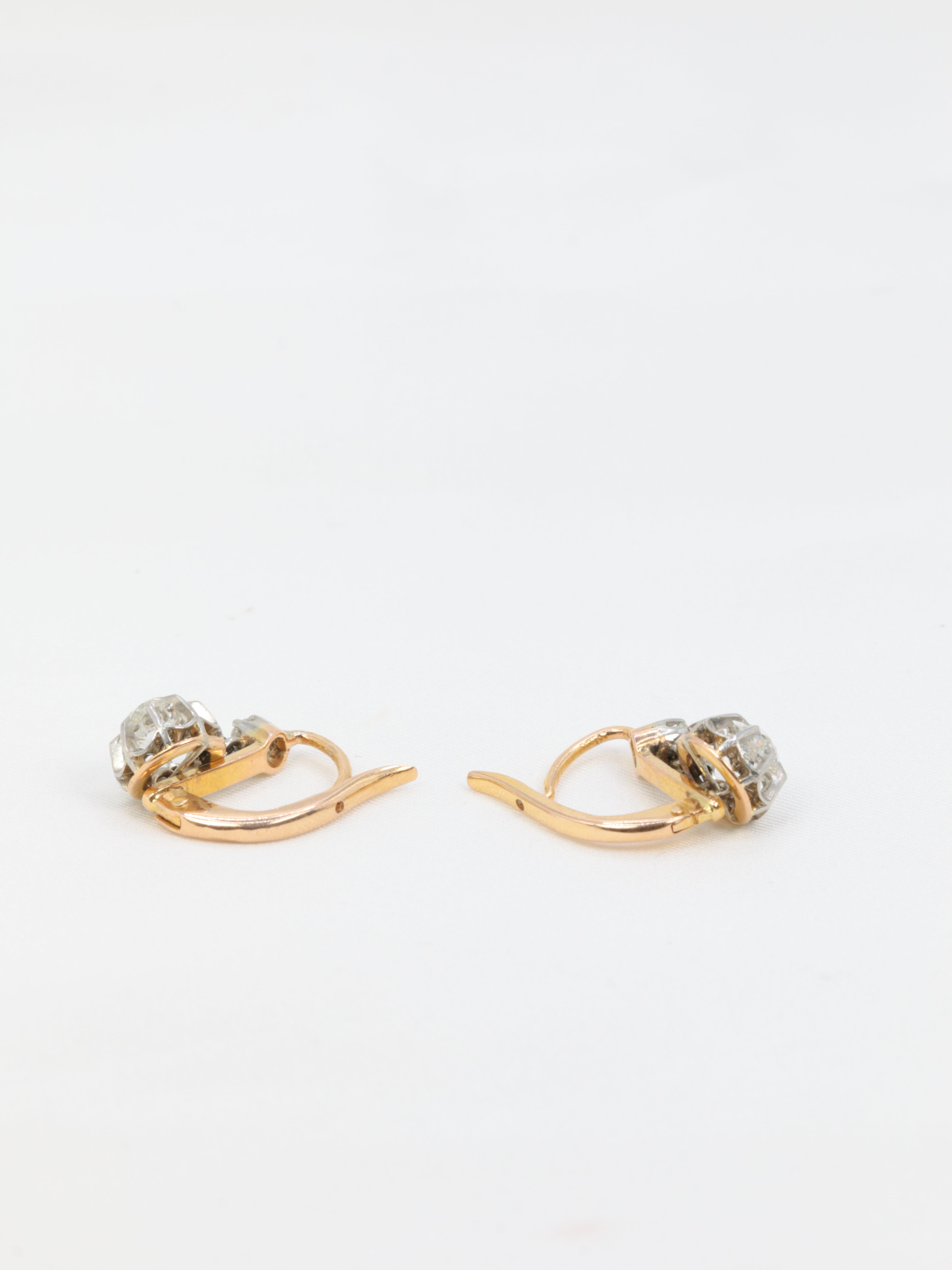 Antique sleeper earrings in gold, silver and old cut diamonds