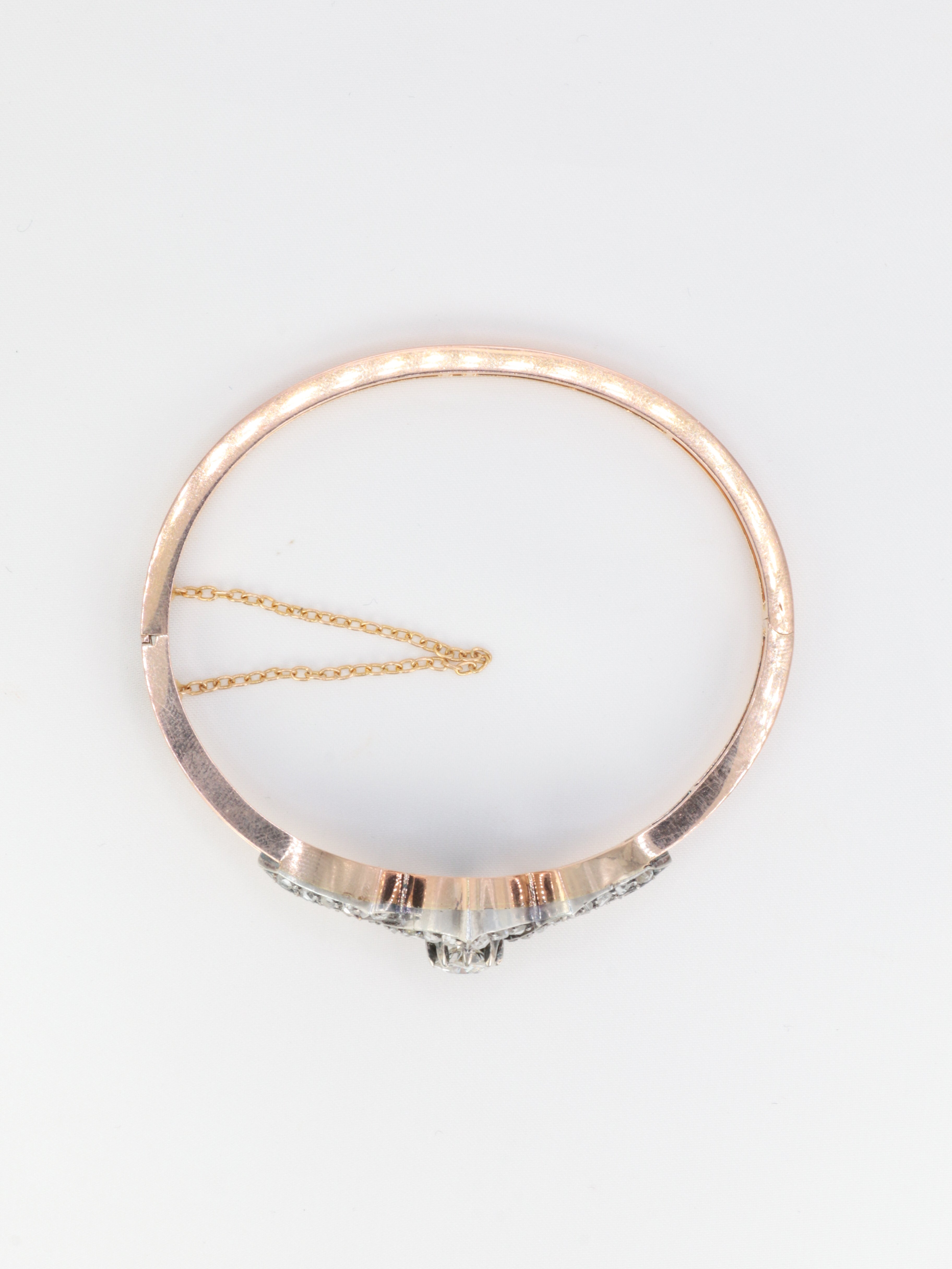Bracelet jonc ancien fin 19ème en or rose, argent et diamants taille ancienne