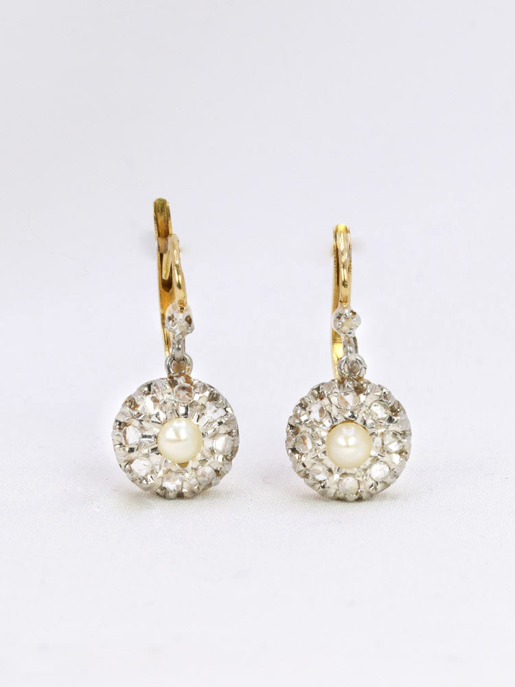 boucles d'oreilles dormeuses ancienne or platine perle diamants