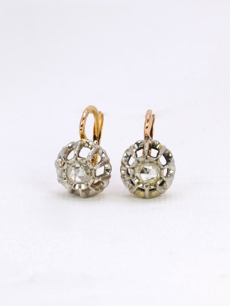 Boucles d'oreilles dormeuses anciennes or argent diamants taille rose