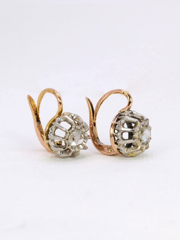 Boucles d'oreilles dormeuses anciennes or argent diamants taille rose