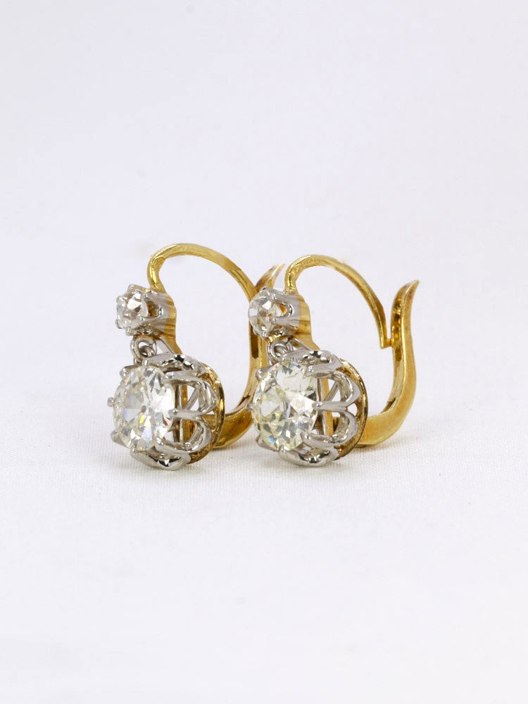 Boucles d'oreilles dormeuses anciennes or diamants taille ancienne