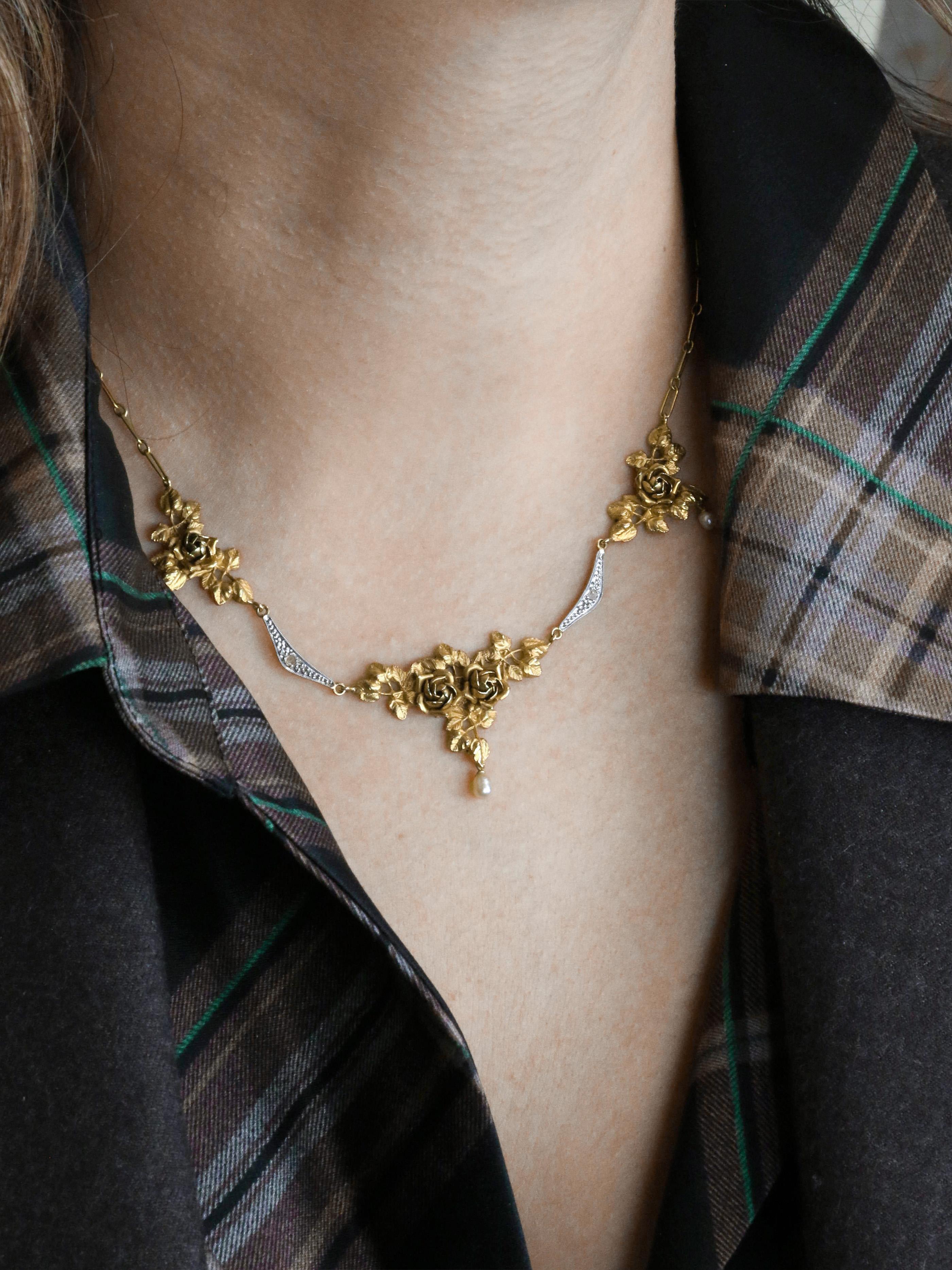Collier draperie Art Nouveau or jaune perles diamants