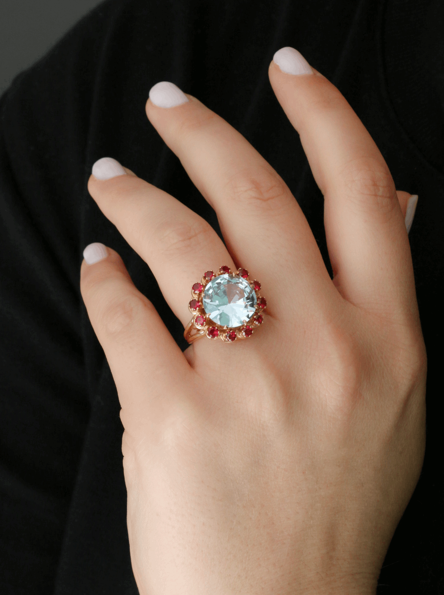 Bague cocktail aigue marine rubis