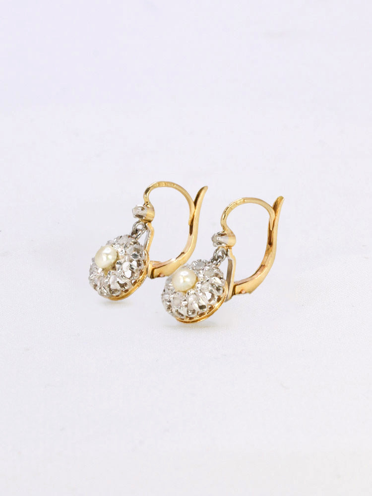 boucles d'oreilles dormeuses ancienne or platine perle diamants