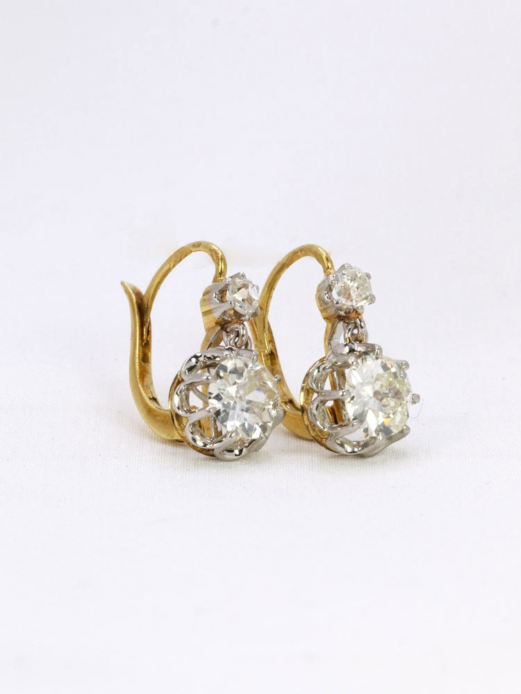 Boucles d'oreilles dormeuses anciennes or diamants taille ancienne