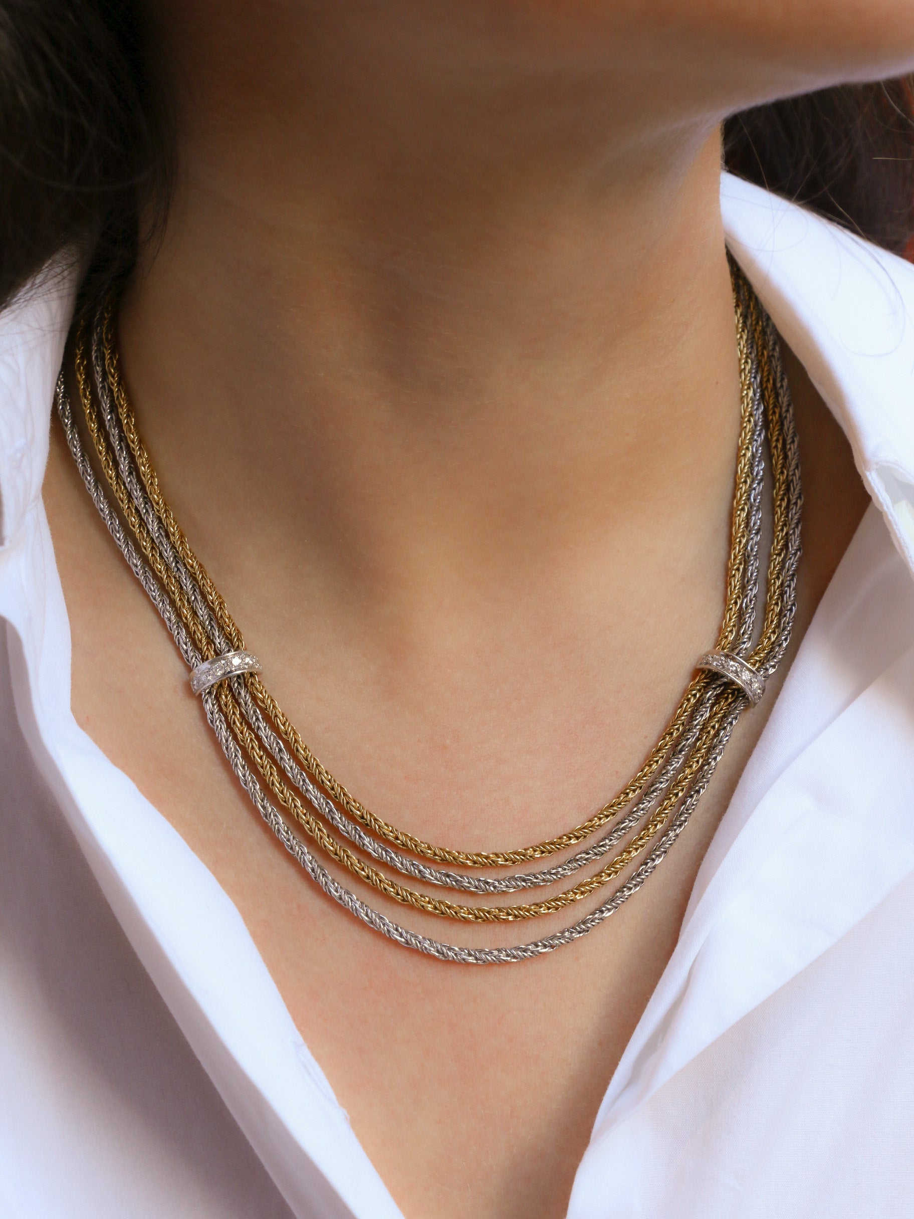 Vintage four-row drapery necklace in gold and diamonds