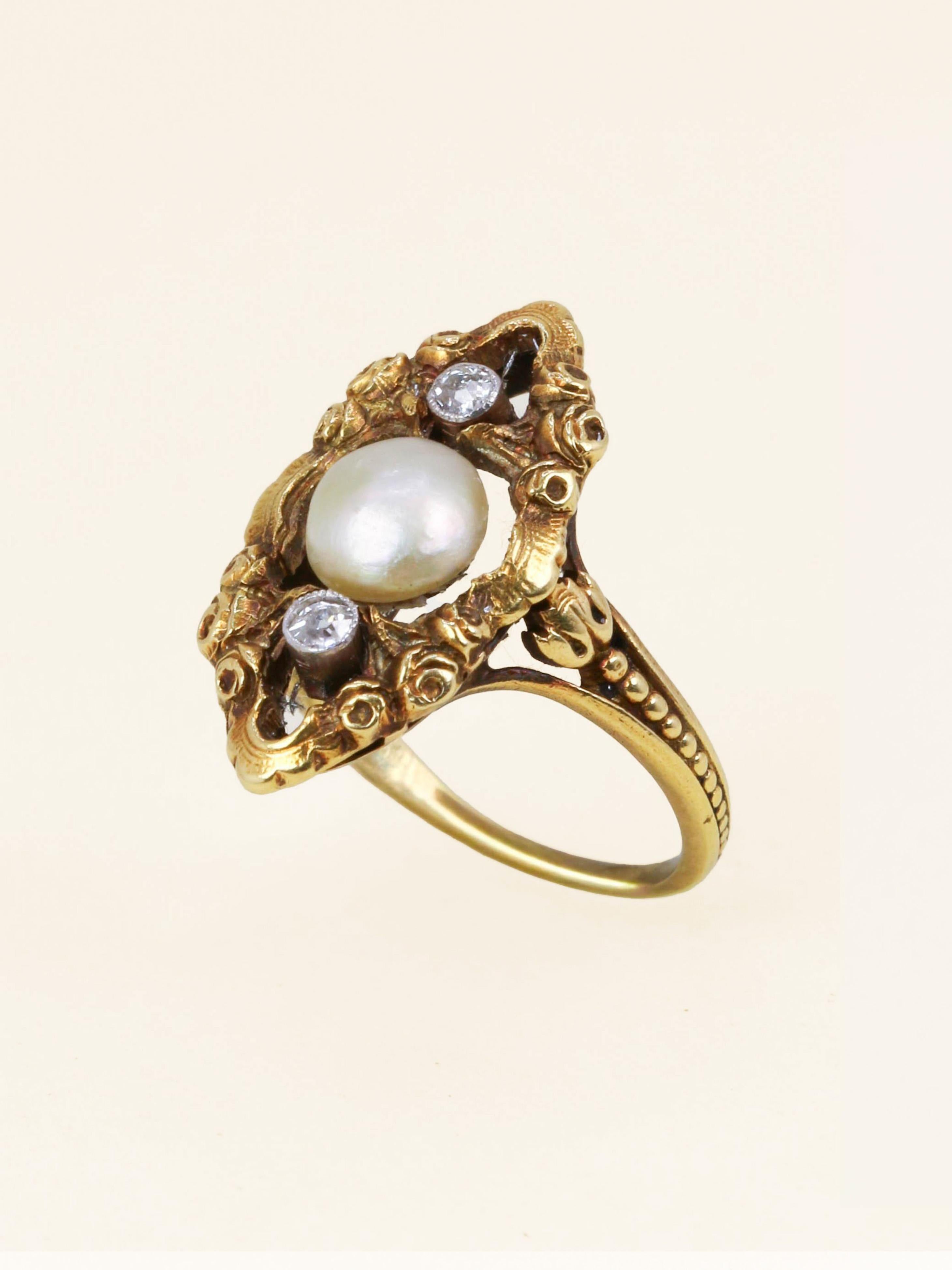 Bague marquise Art Nouveau or jaune perle fine diamants
