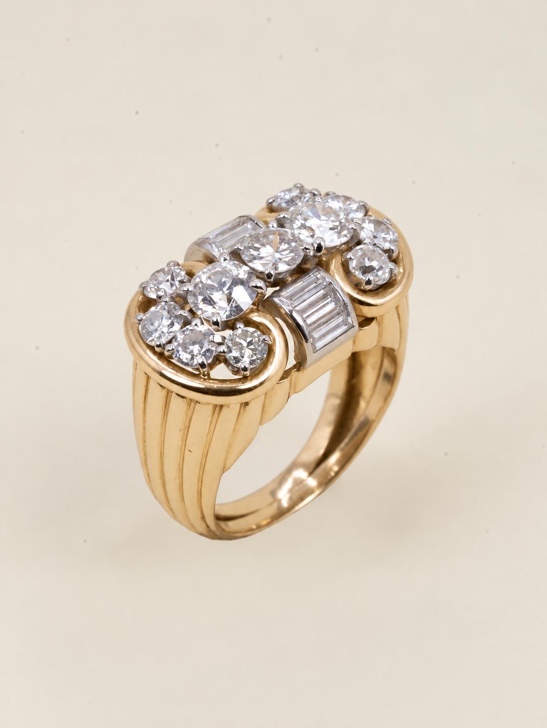Bague godrons vintage or jaune diamants