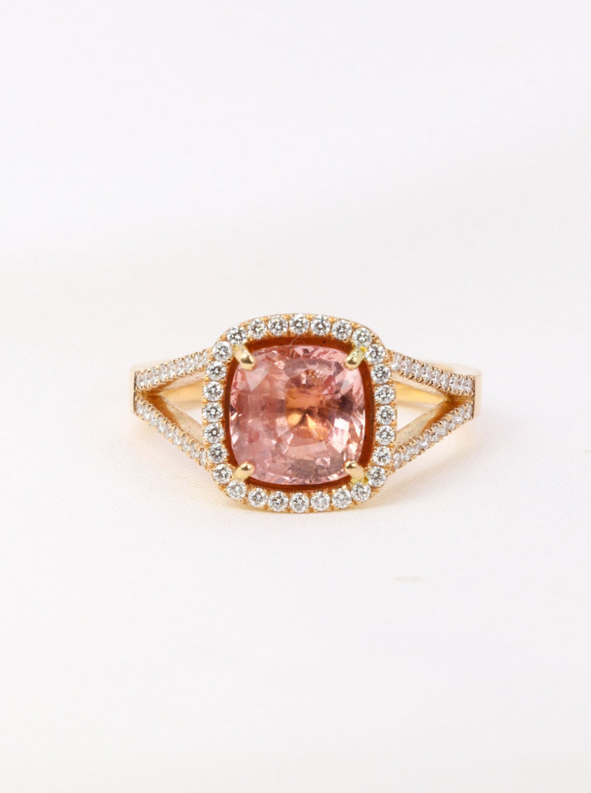 Cushion-cut gold, diamond and morganite ring