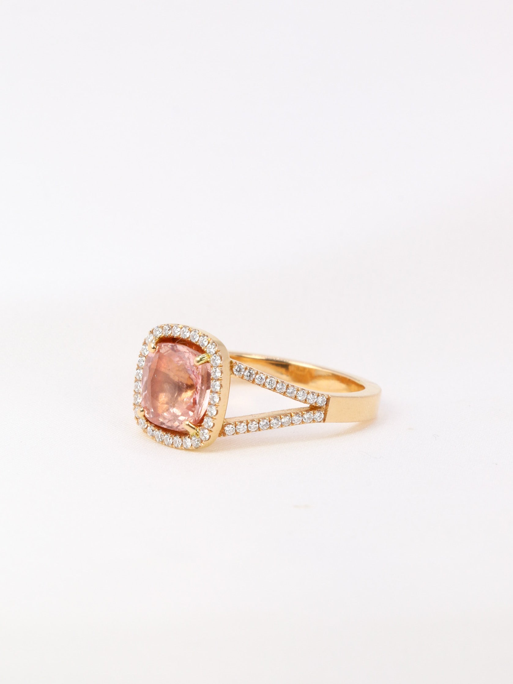 Cushion-cut gold, diamond and morganite ring