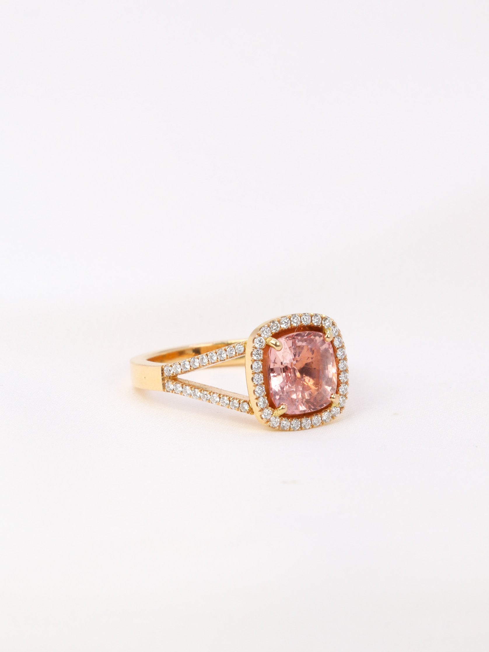 Cushion-cut gold, diamond and morganite ring