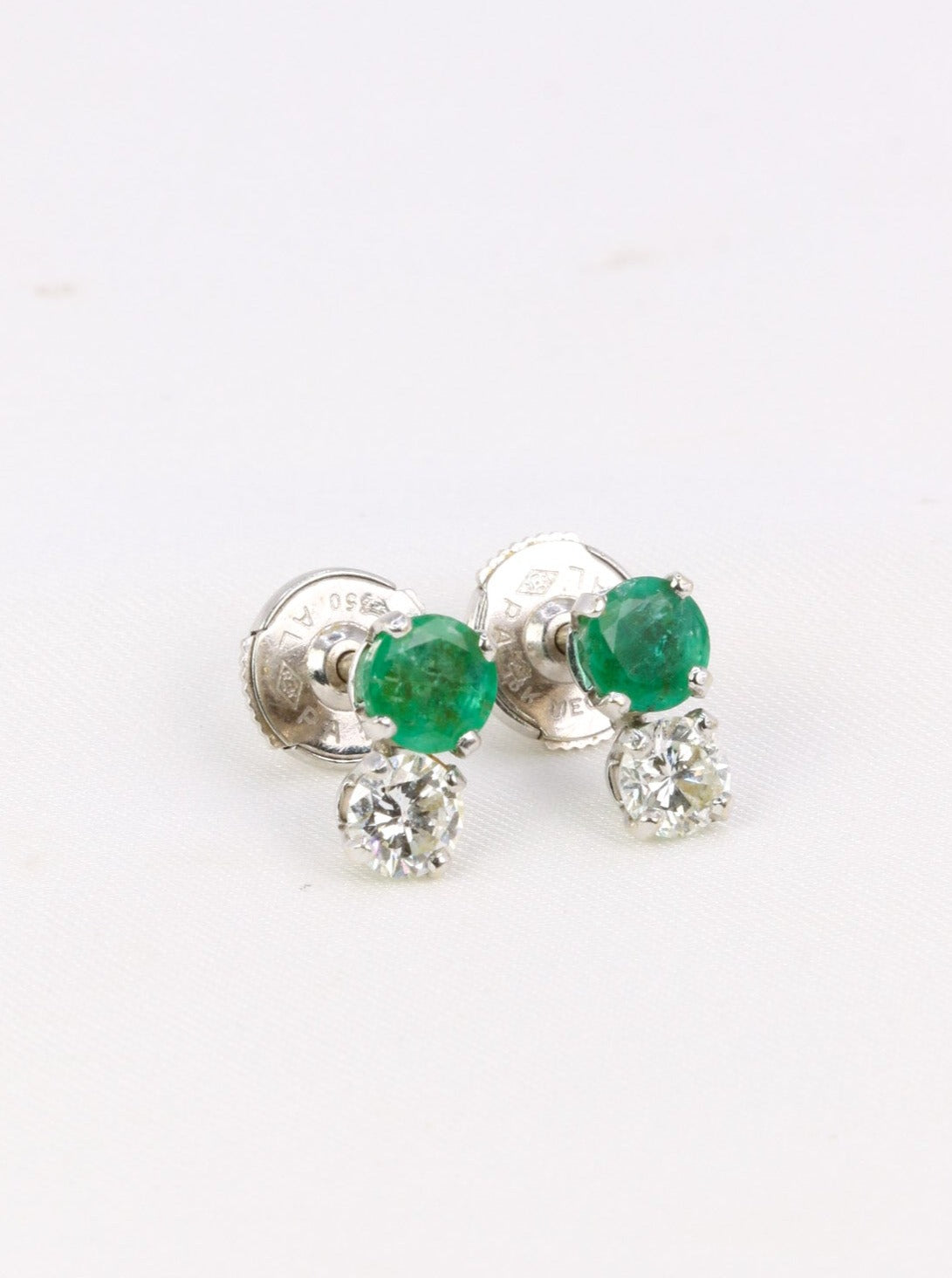 Pair of vintage earrings in white gold, diamonds and emeralds