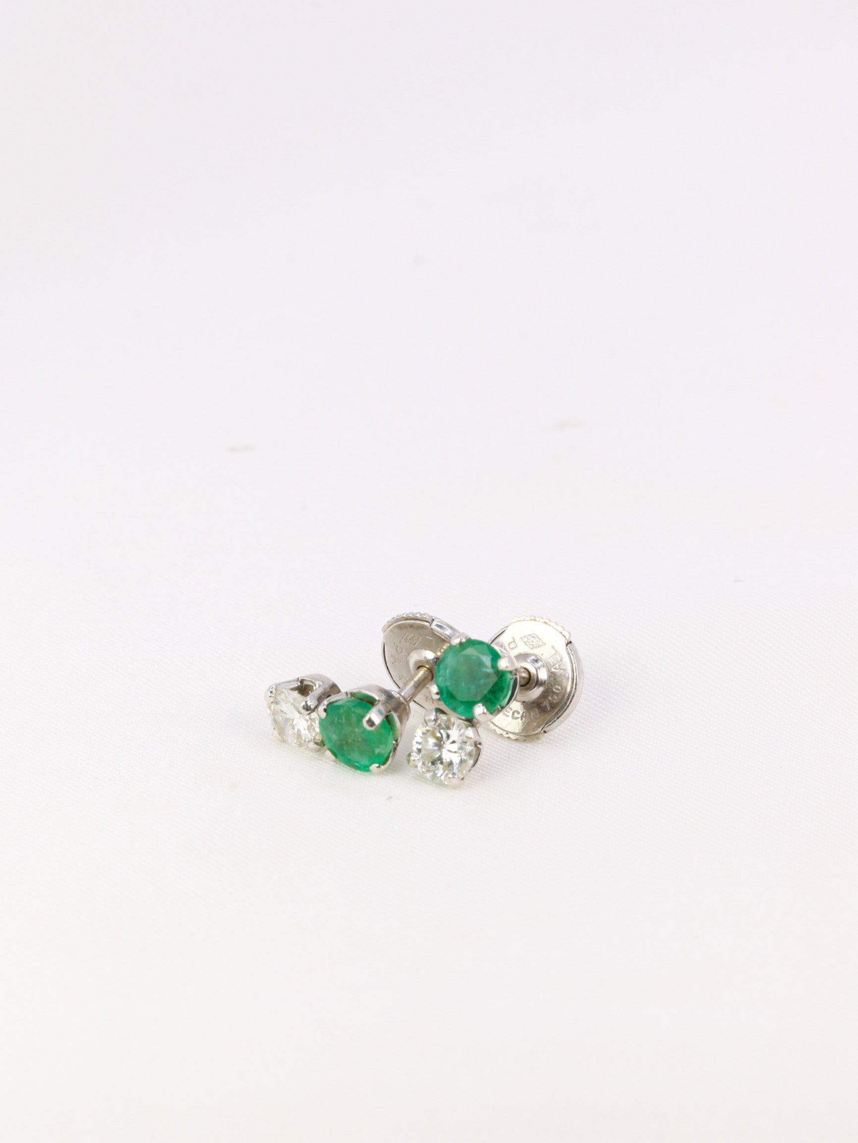 Pair of vintage earrings in white gold, diamonds and emeralds