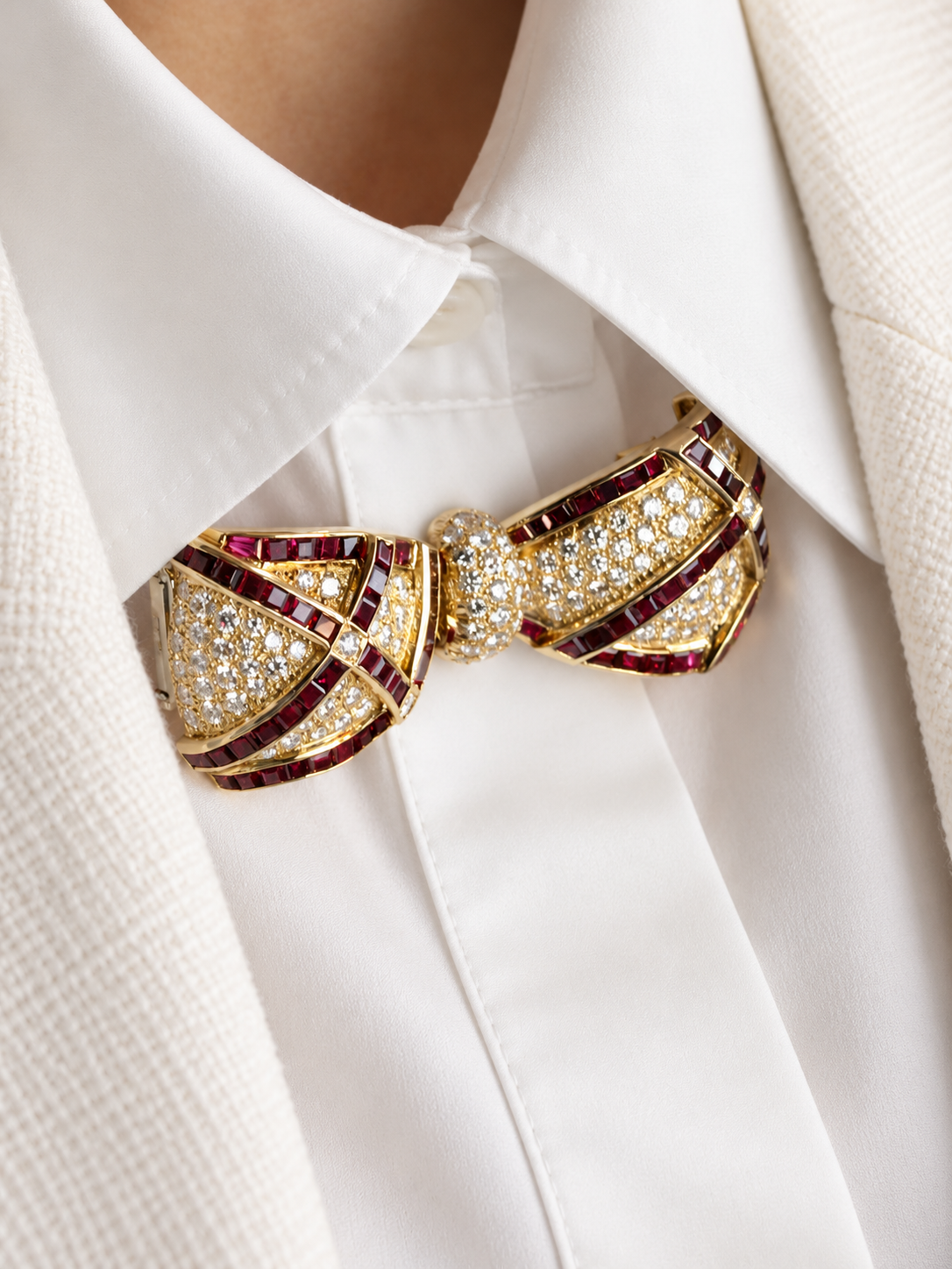 Broche noeud or jaune rubis diamants