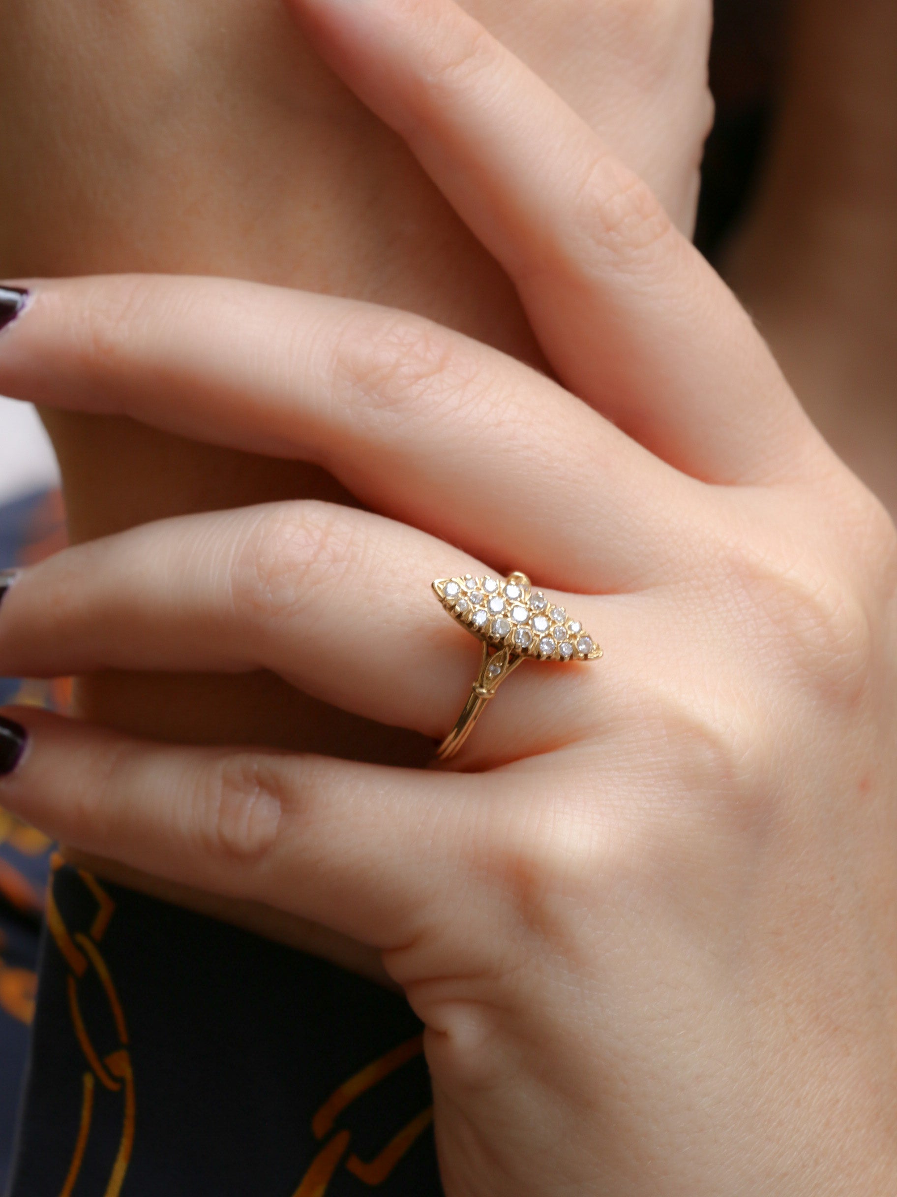 Vintage gold marquise ring paved with diamonds