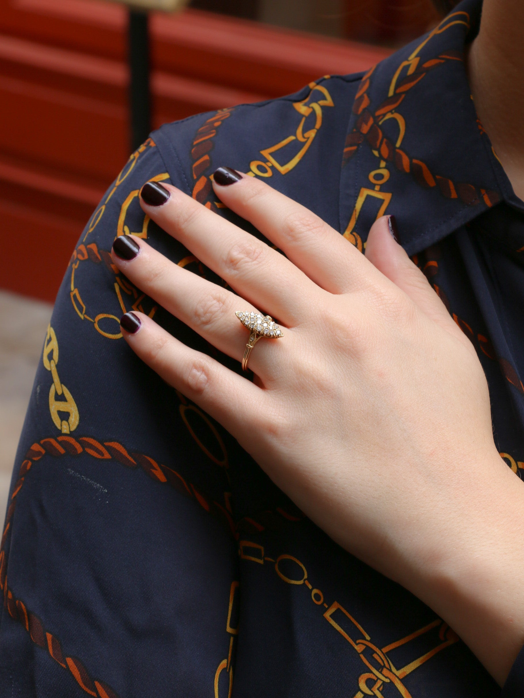 Vintage gold marquise ring paved with diamonds