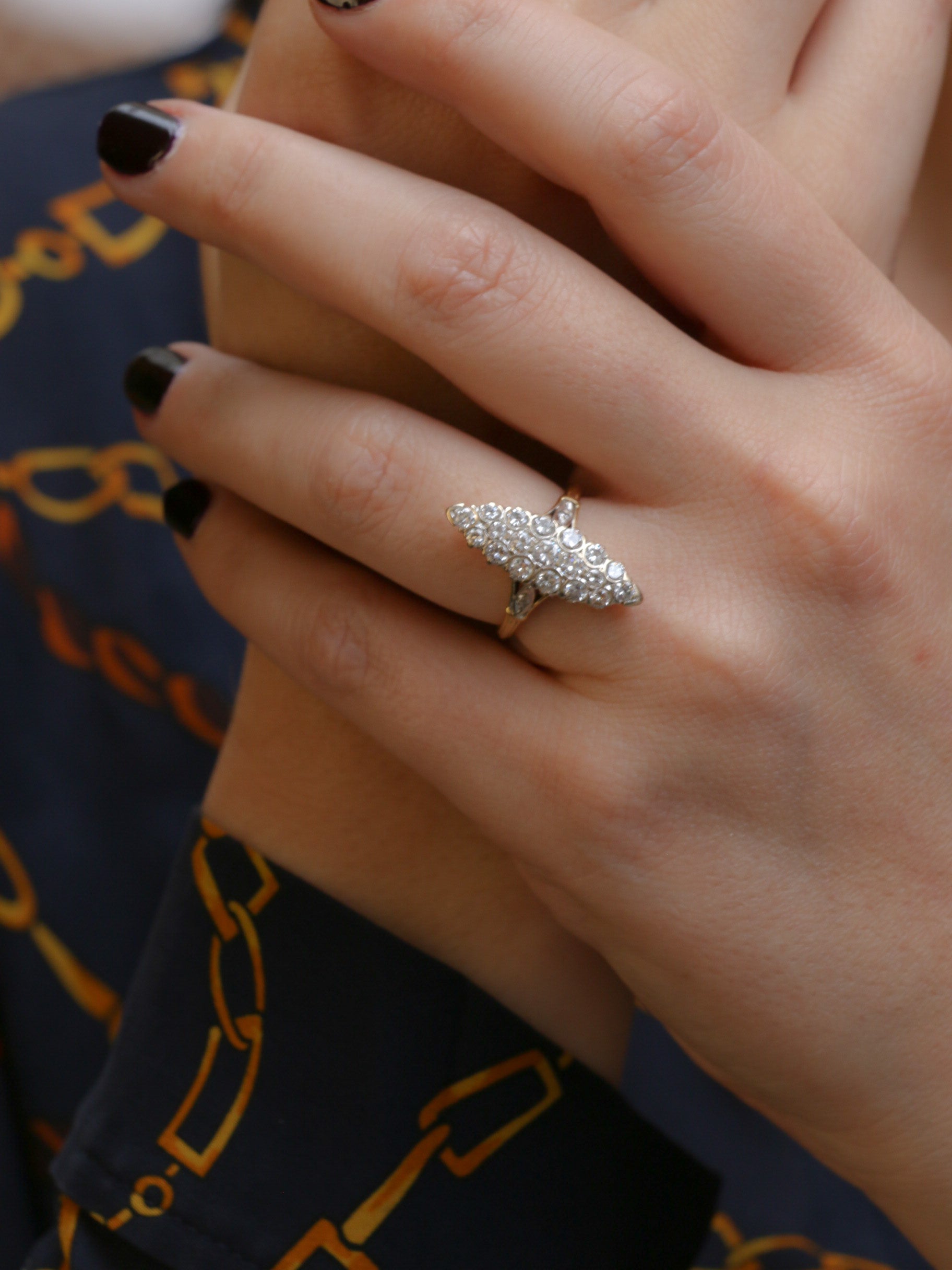 Old marquise ring in gold paved with approximately 1 ct of diamonds