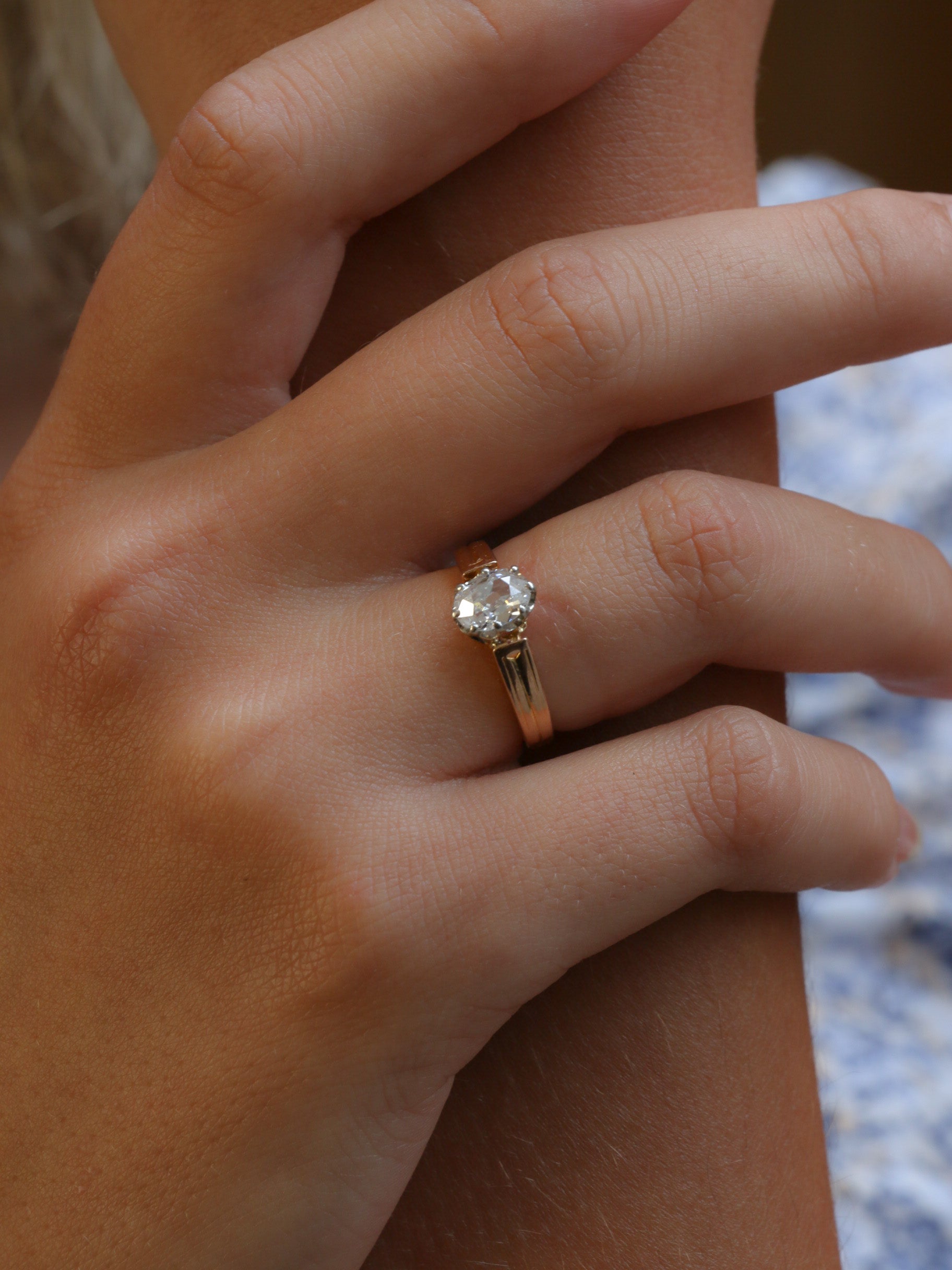 Vintage solitaire ring in gold and old cut oval diamond