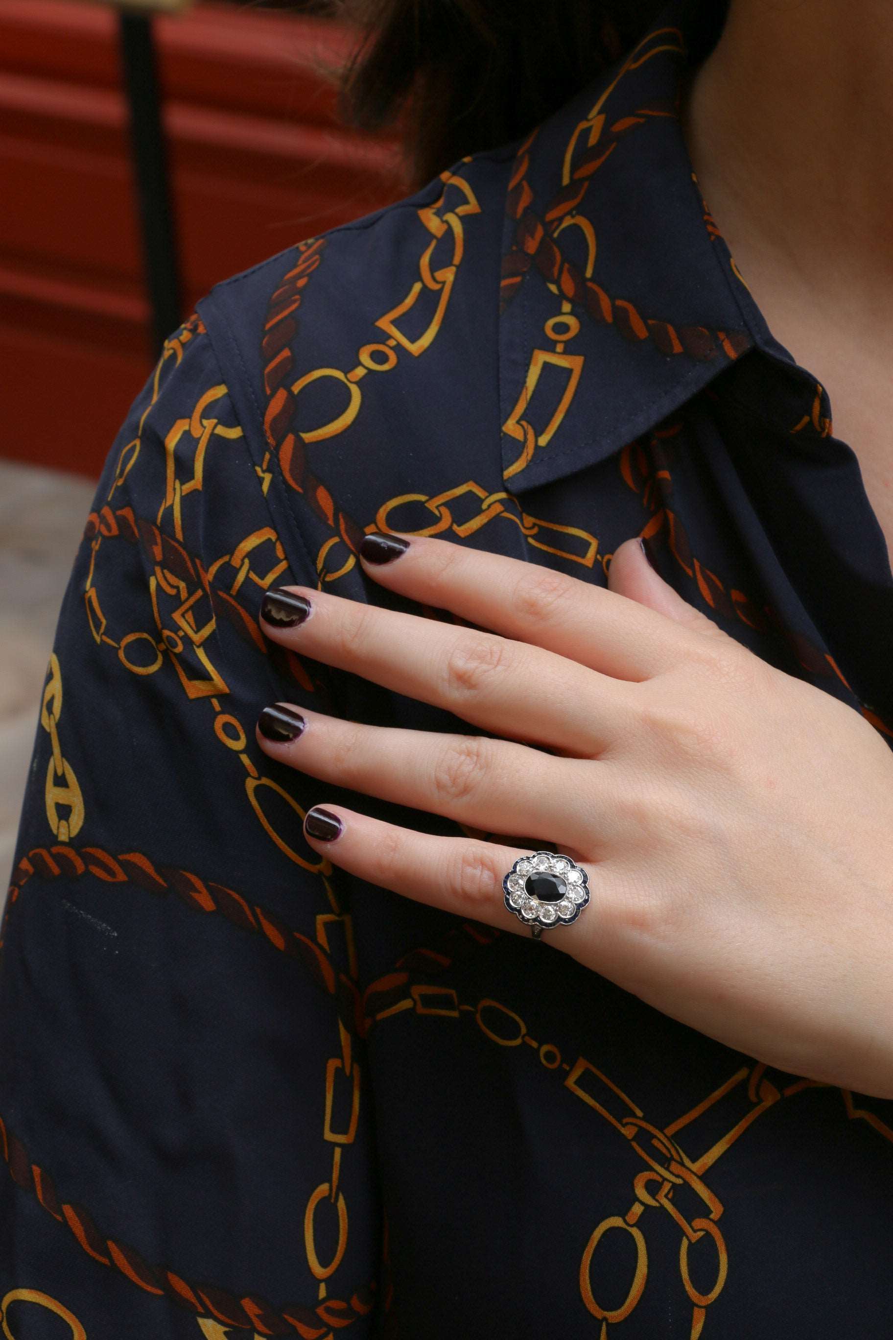 Bague Belle Epoque en platine, saphir et diamants