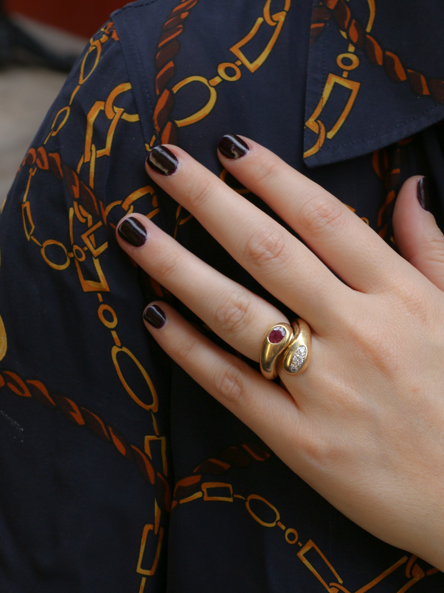 Bague vintage serpent en or, rubis et diamants