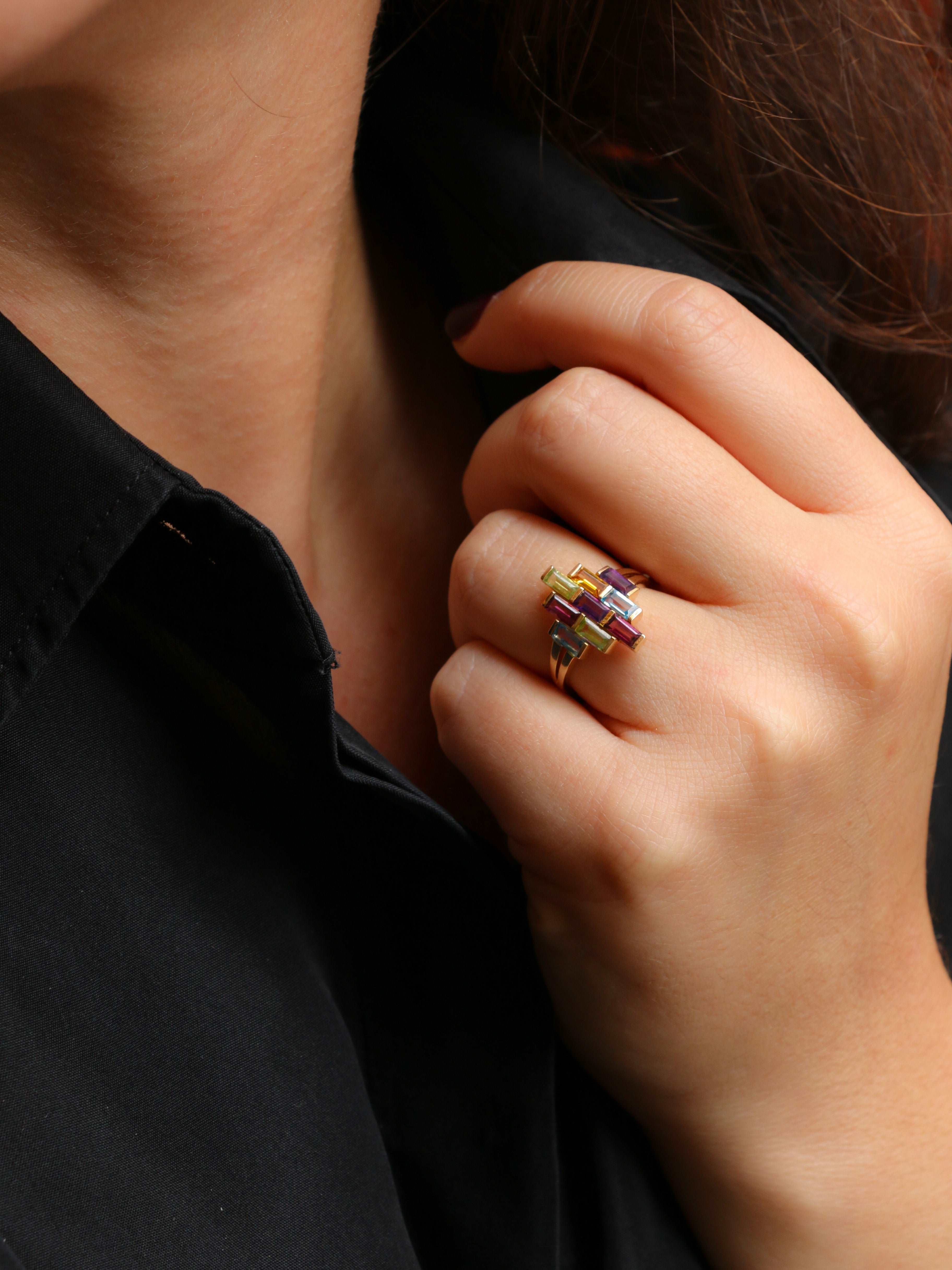 Bague géométrique vintage or jaune améthyste topaze péridot citrine grenat