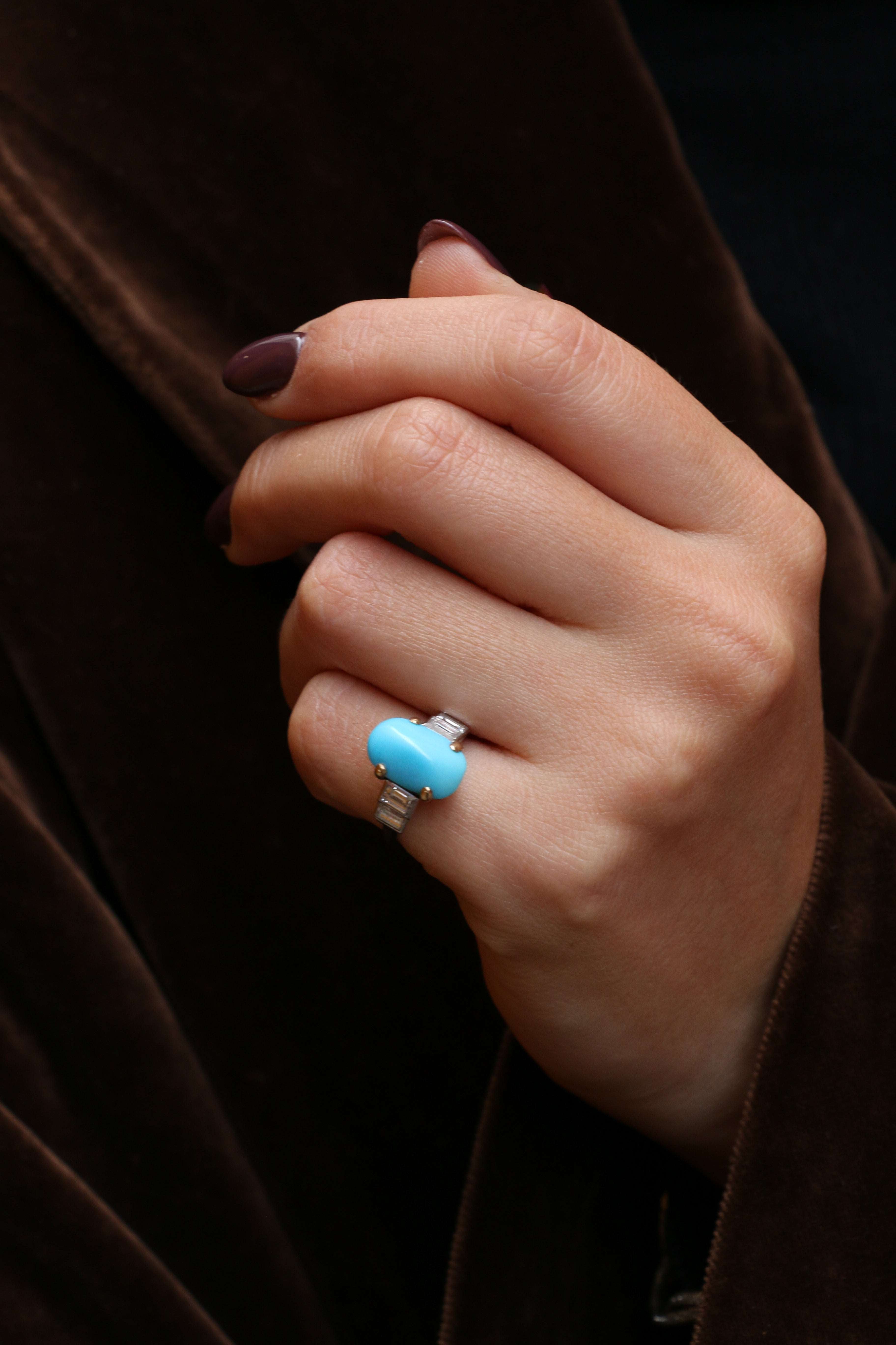 Bague ancienne JANESICH platine or turquoise diamants taille émeraude