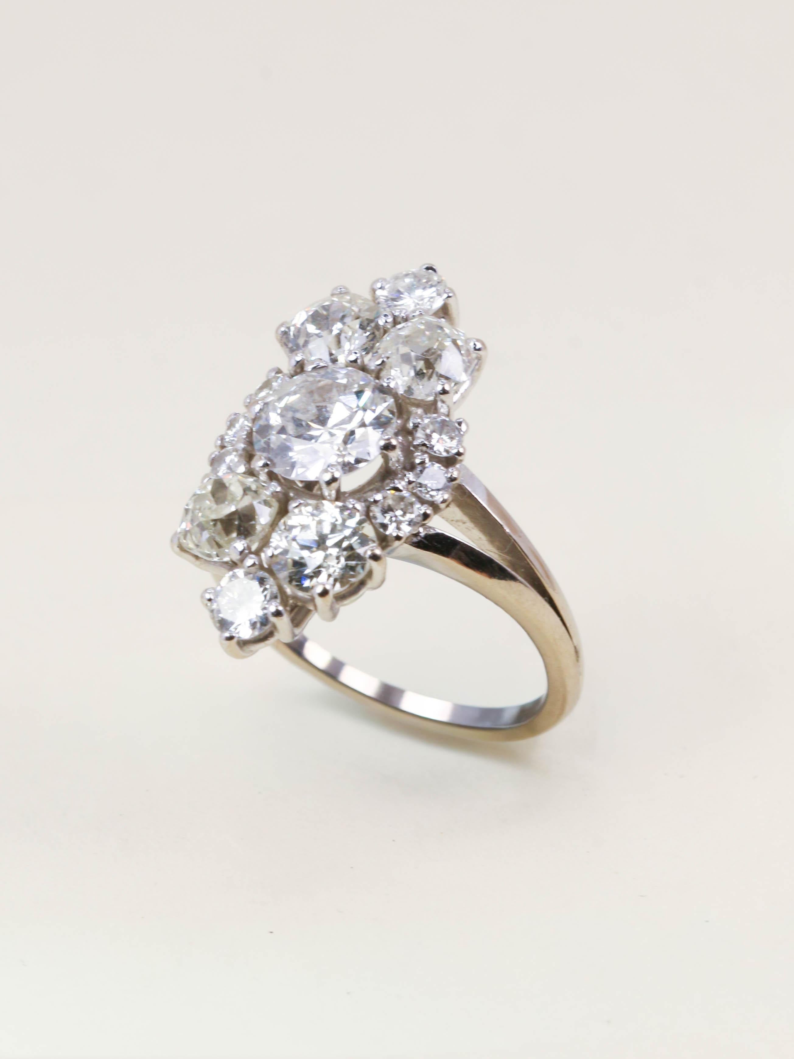 Bague marquise or blanc diamants taille ancienne 3,75 carats