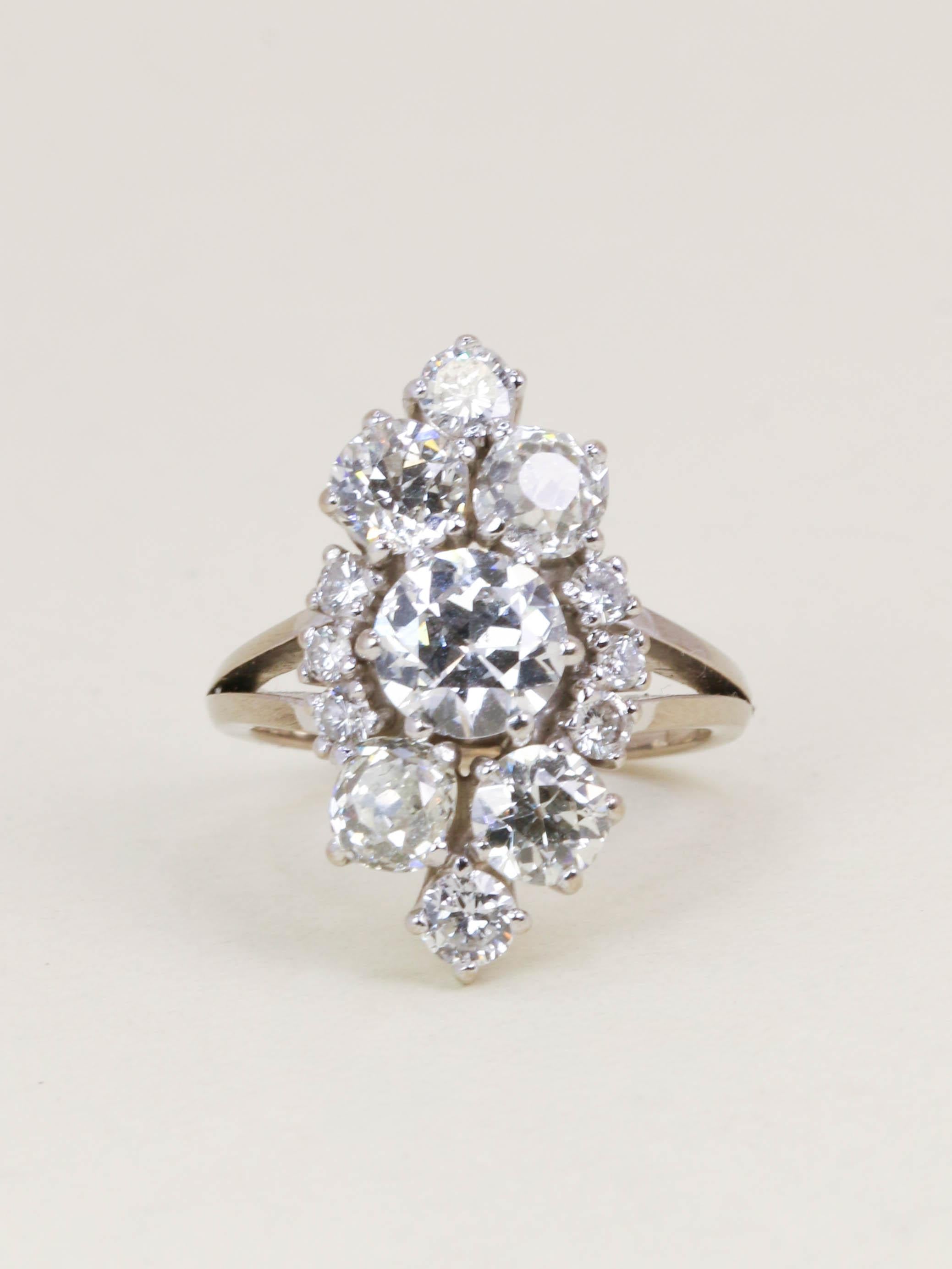 Bague marquise or blanc diamants taille ancienne 3,75 carats