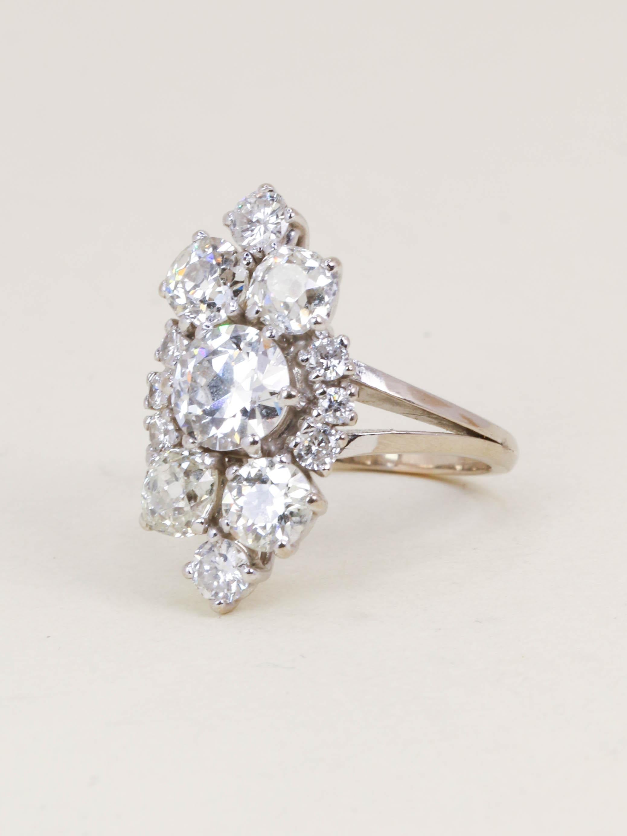 Bague marquise or blanc diamants taille ancienne 3,75 carats