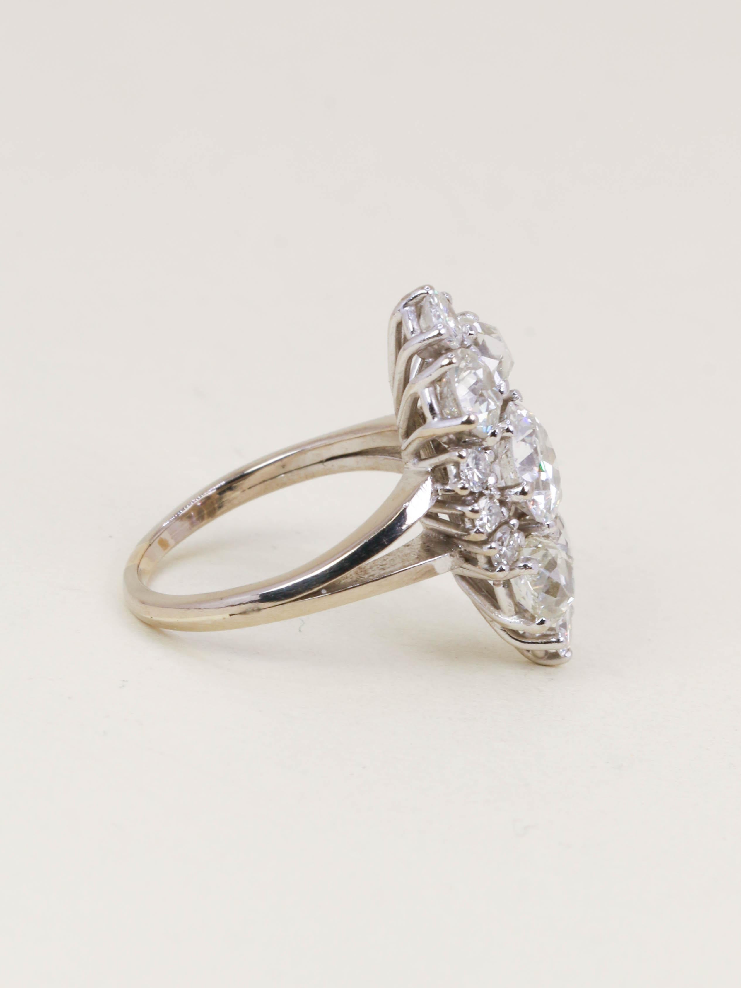 Bague marquise or blanc diamants taille ancienne 3,75 carats