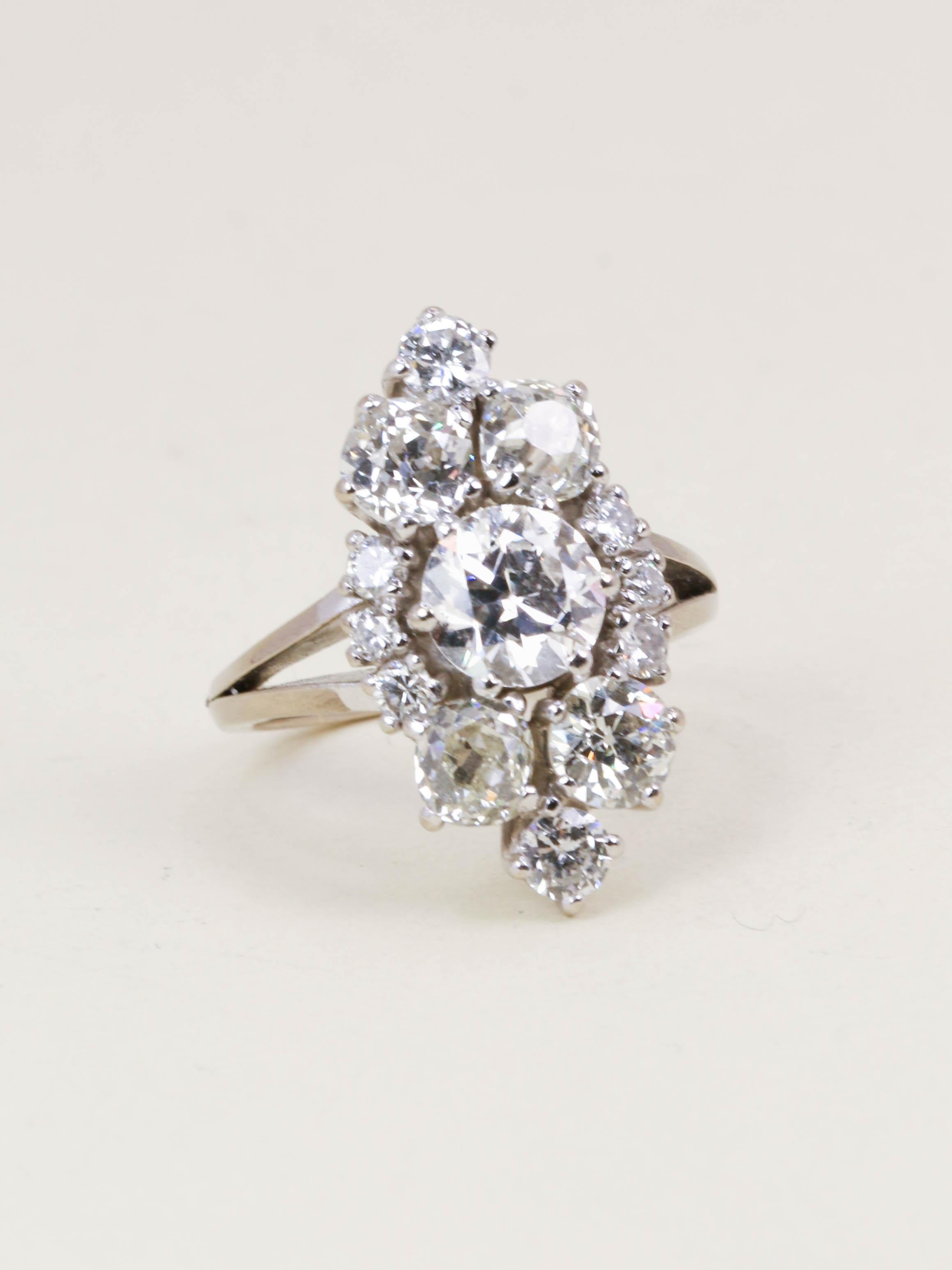 Bague marquise or blanc diamants taille ancienne 3,75 carats