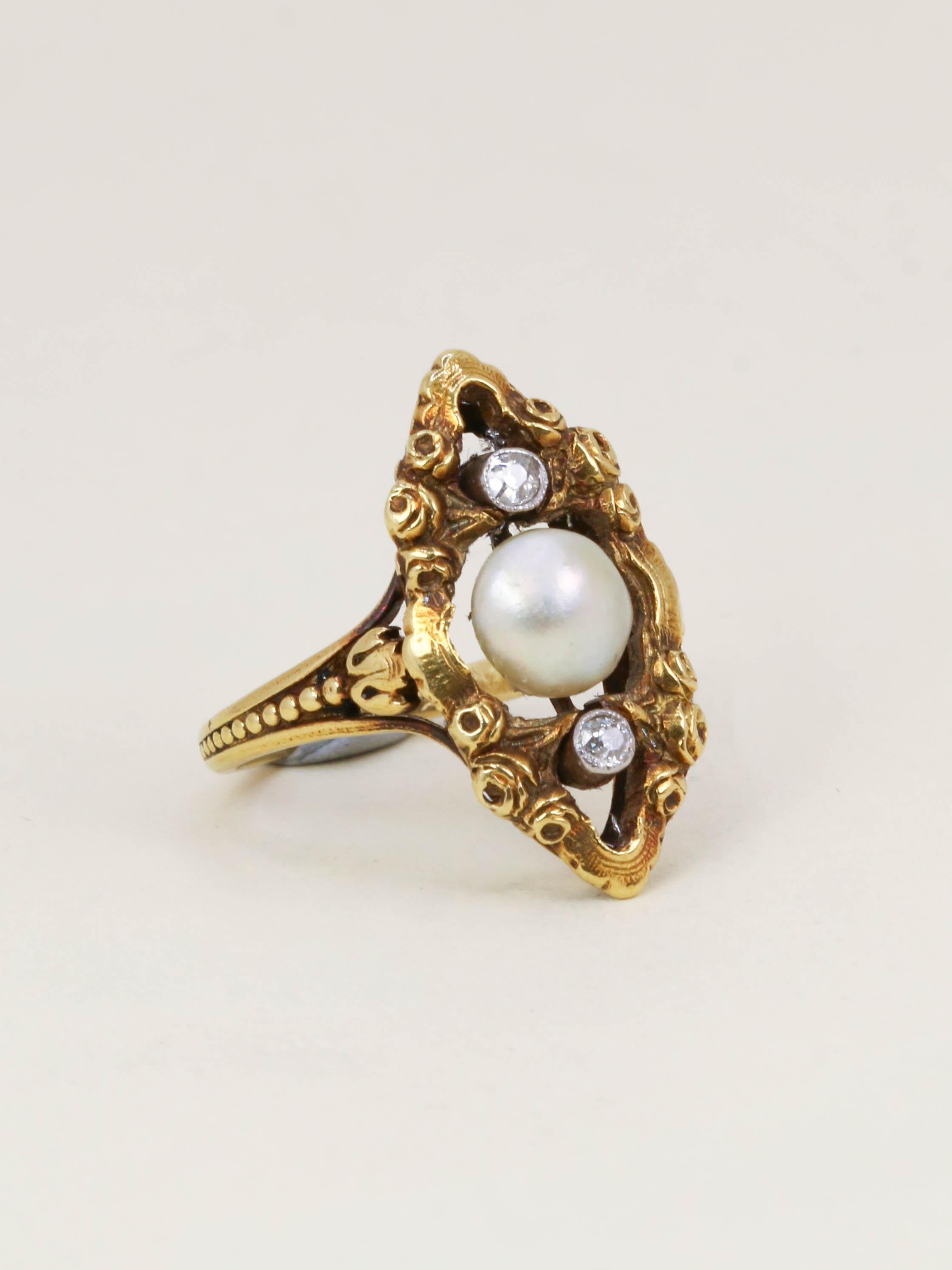 Bague marquise Art Nouveau or jaune perle fine diamants