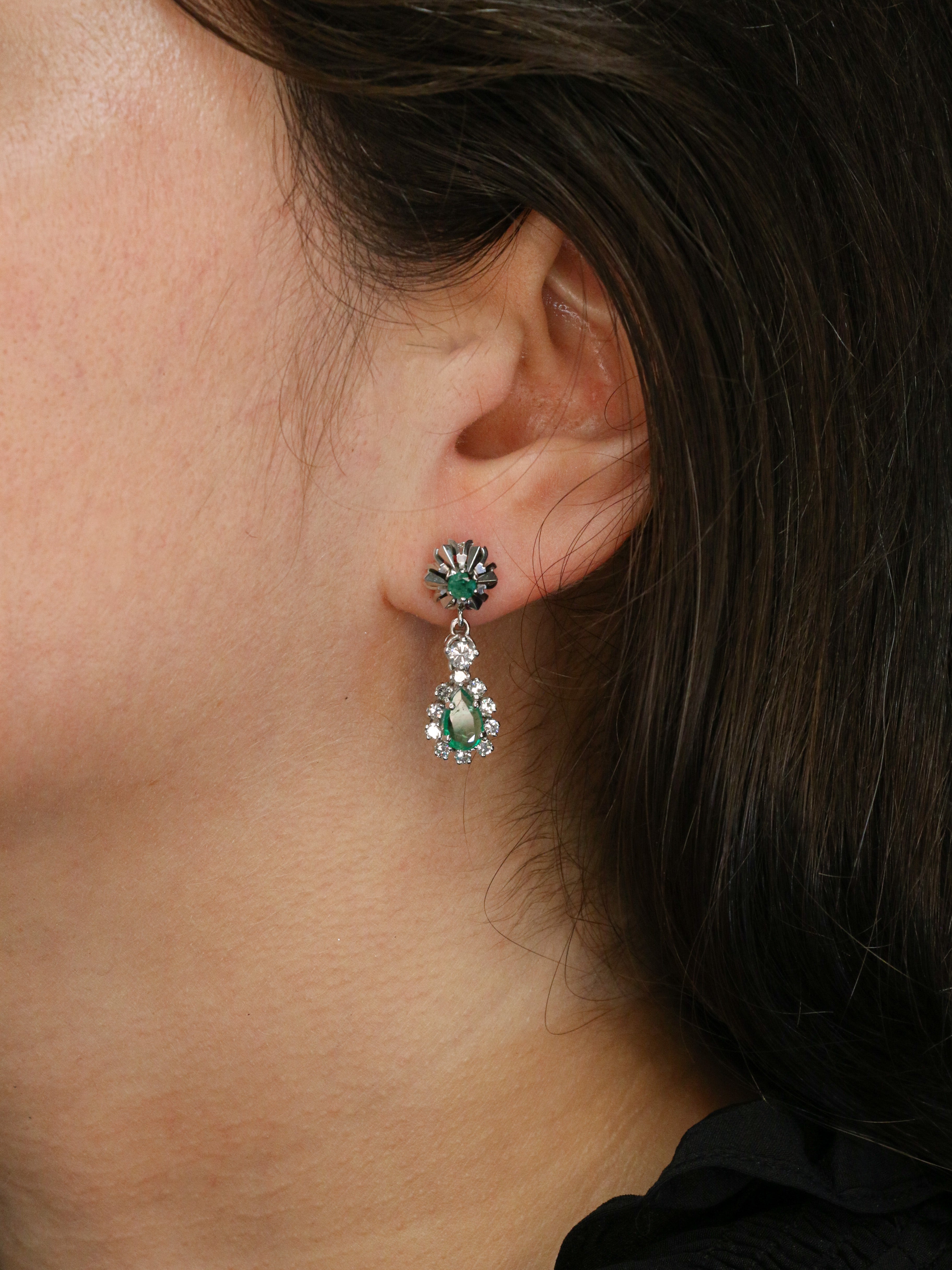 Boucles d'oreilles vintage diamants émeraudes