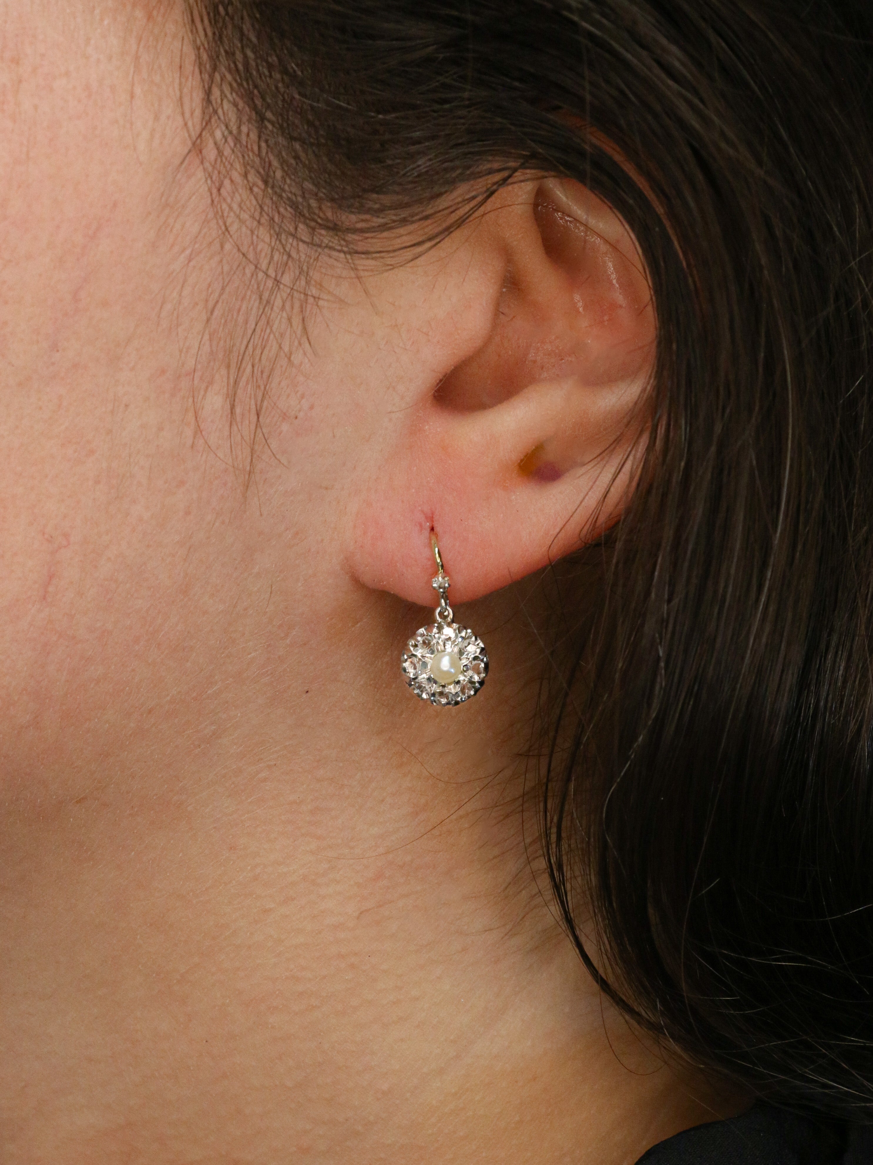 boucles d'oreilles dormeuses ancienne or platine perle diamants