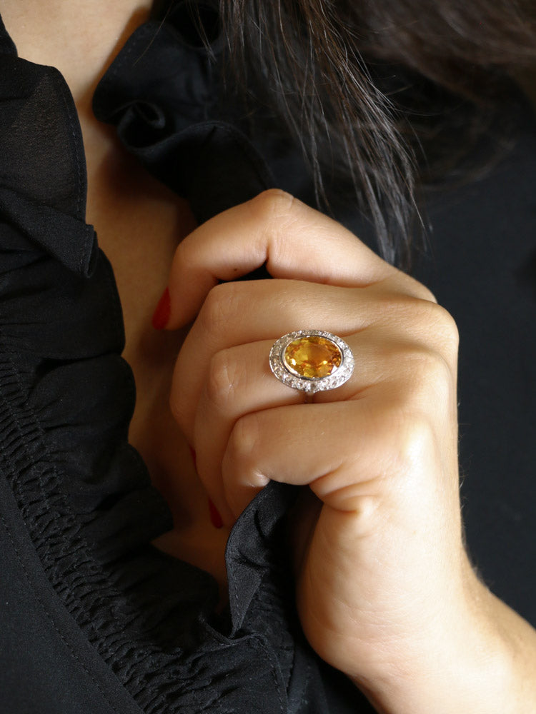 Bague cocktail vintage or citrine diamants taille rose