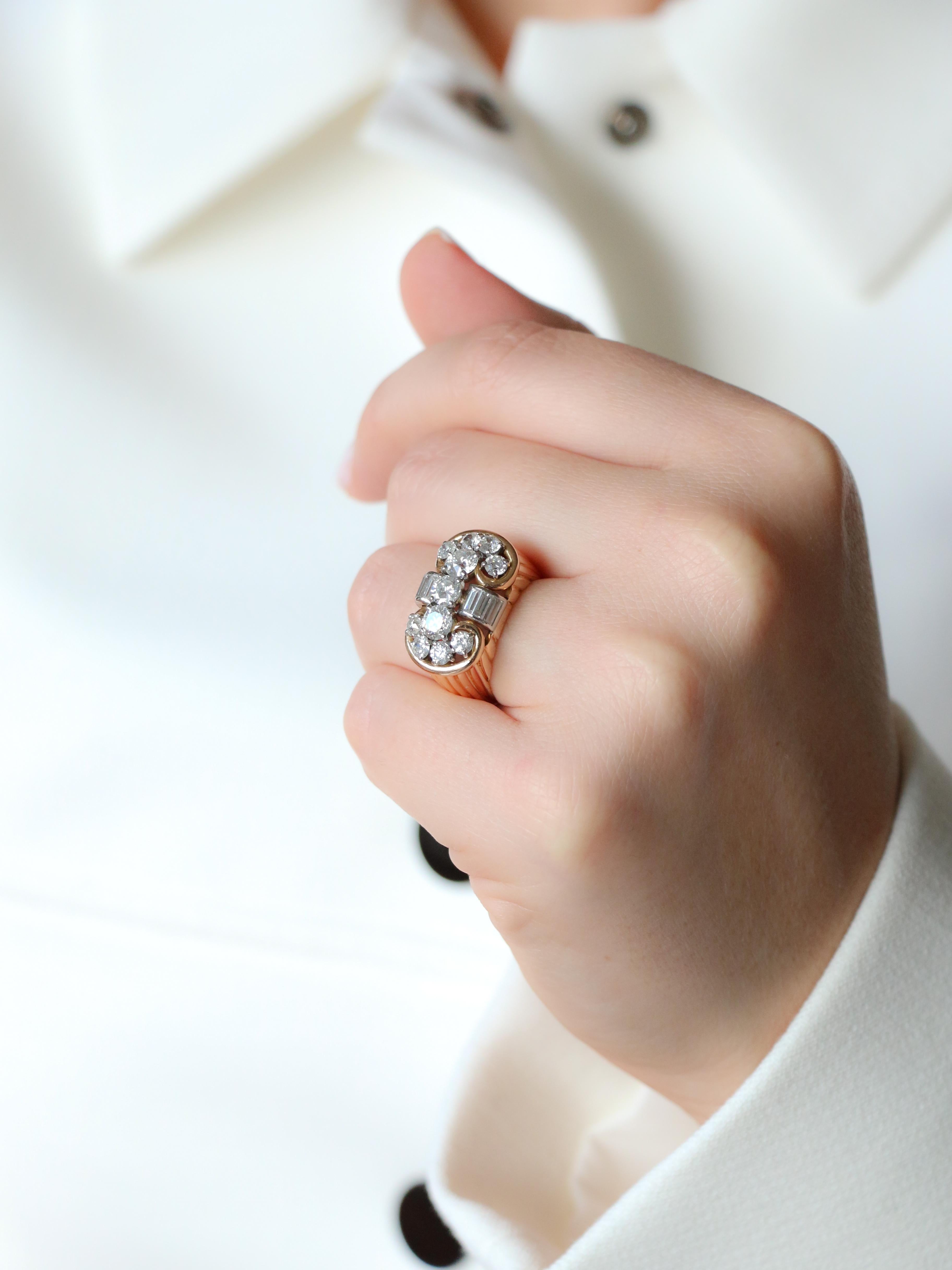 Bague godrons vintage or jaune diamants