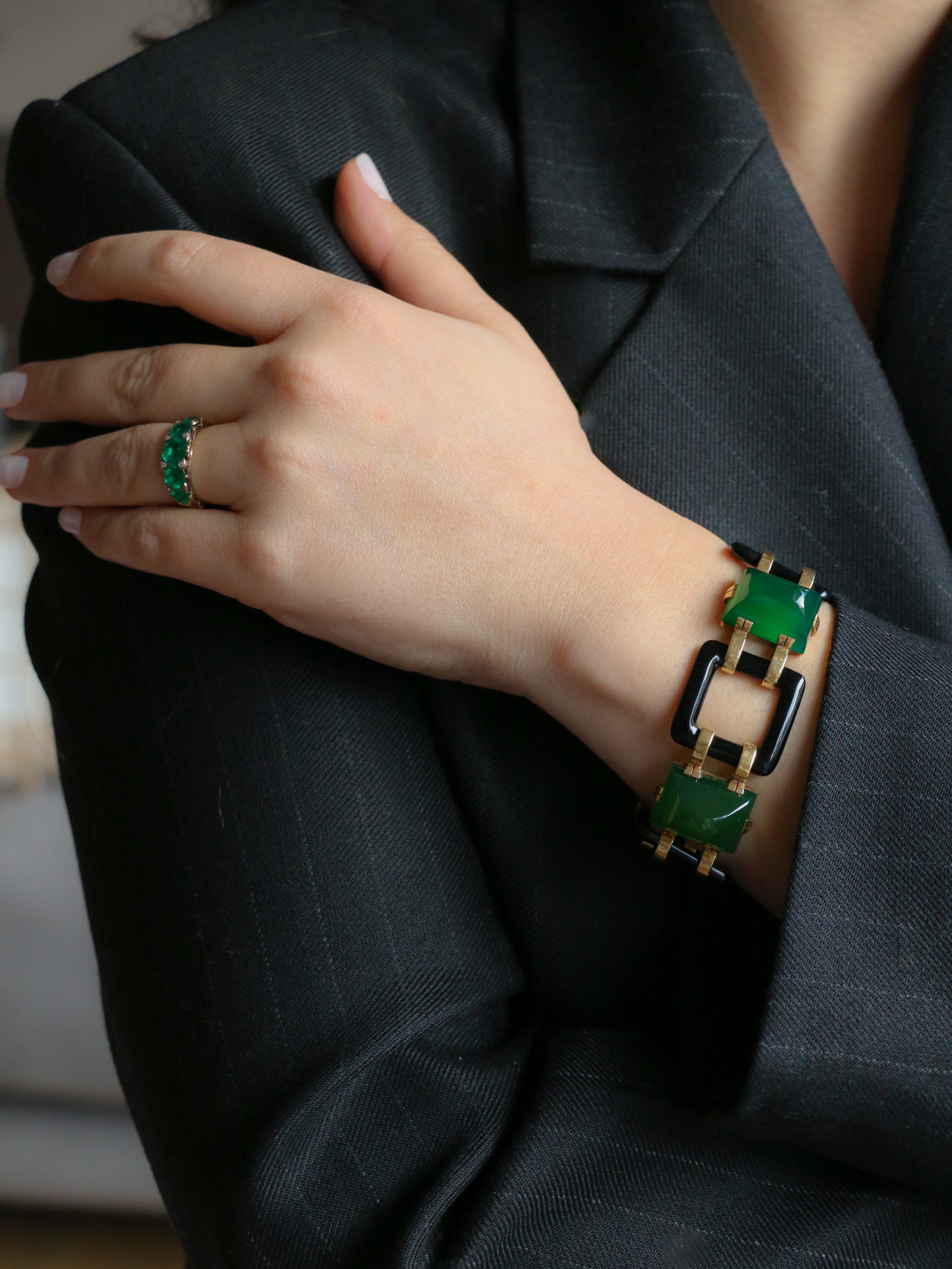 Bracelet Art-Deco or jaune onyx chrysoprase