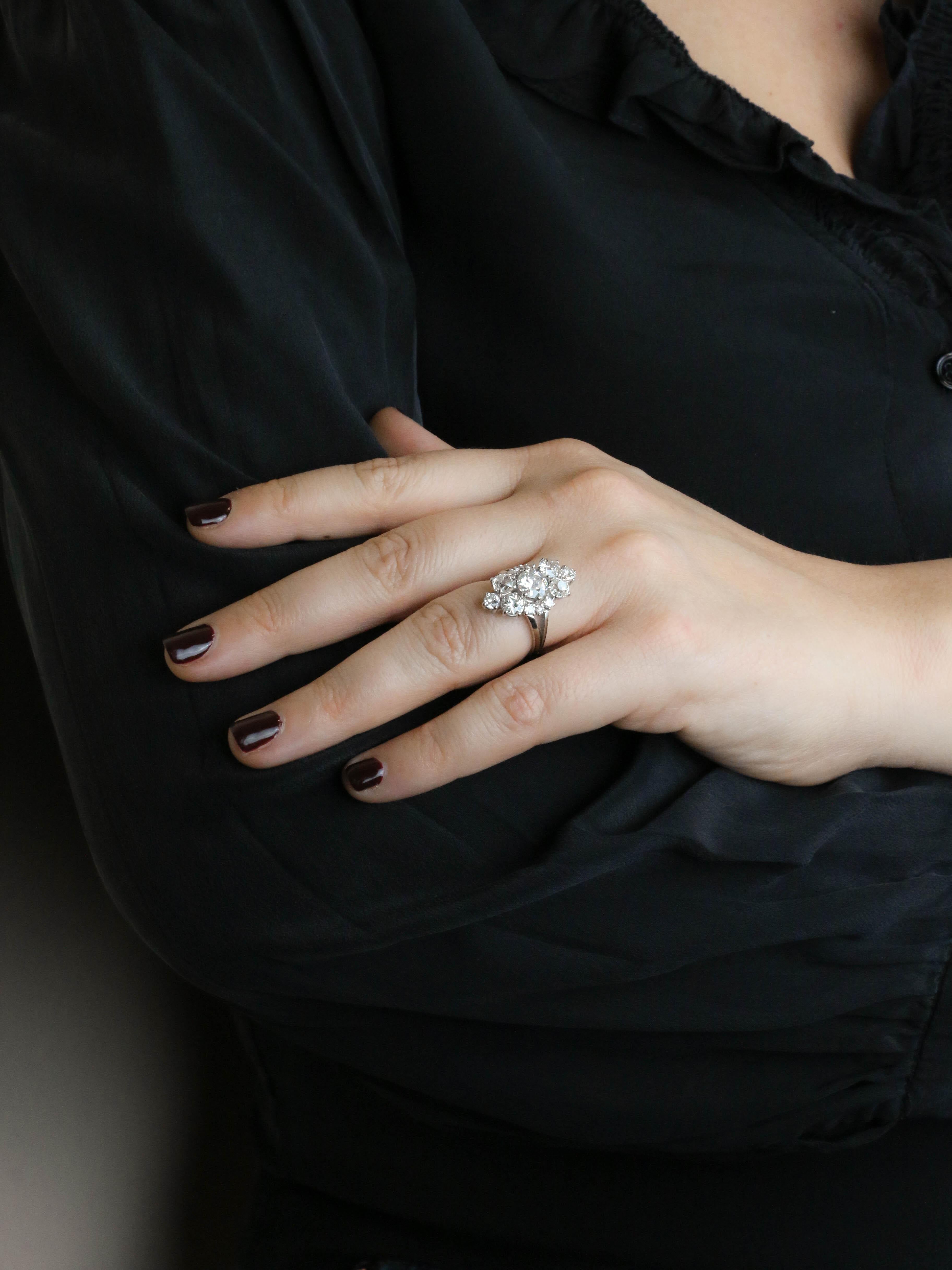 Bague marquise or blanc diamants taille ancienne 3,75 carats