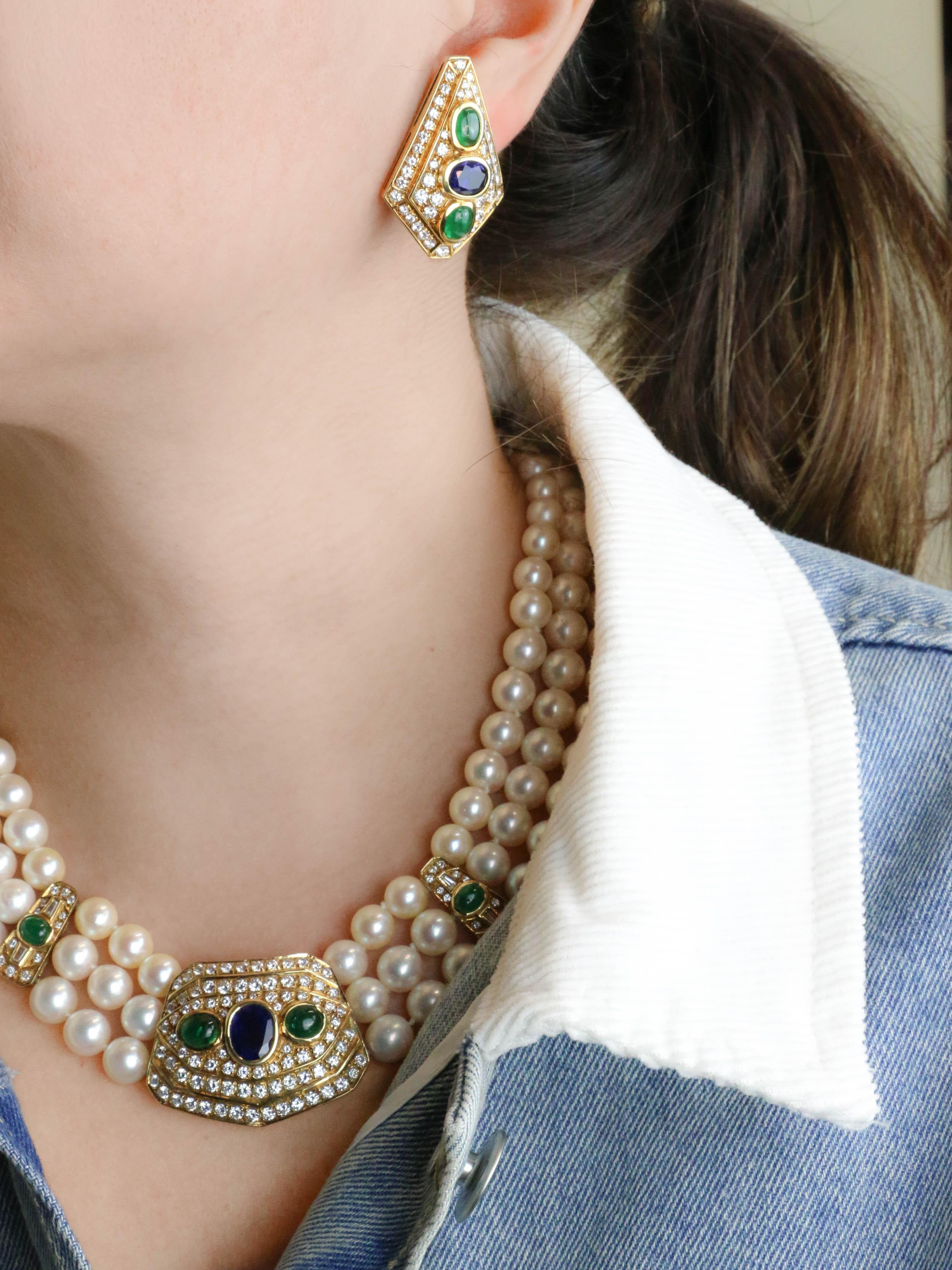 Parure REPOSSI collier de perles et clips saphirs émeraudes diamants