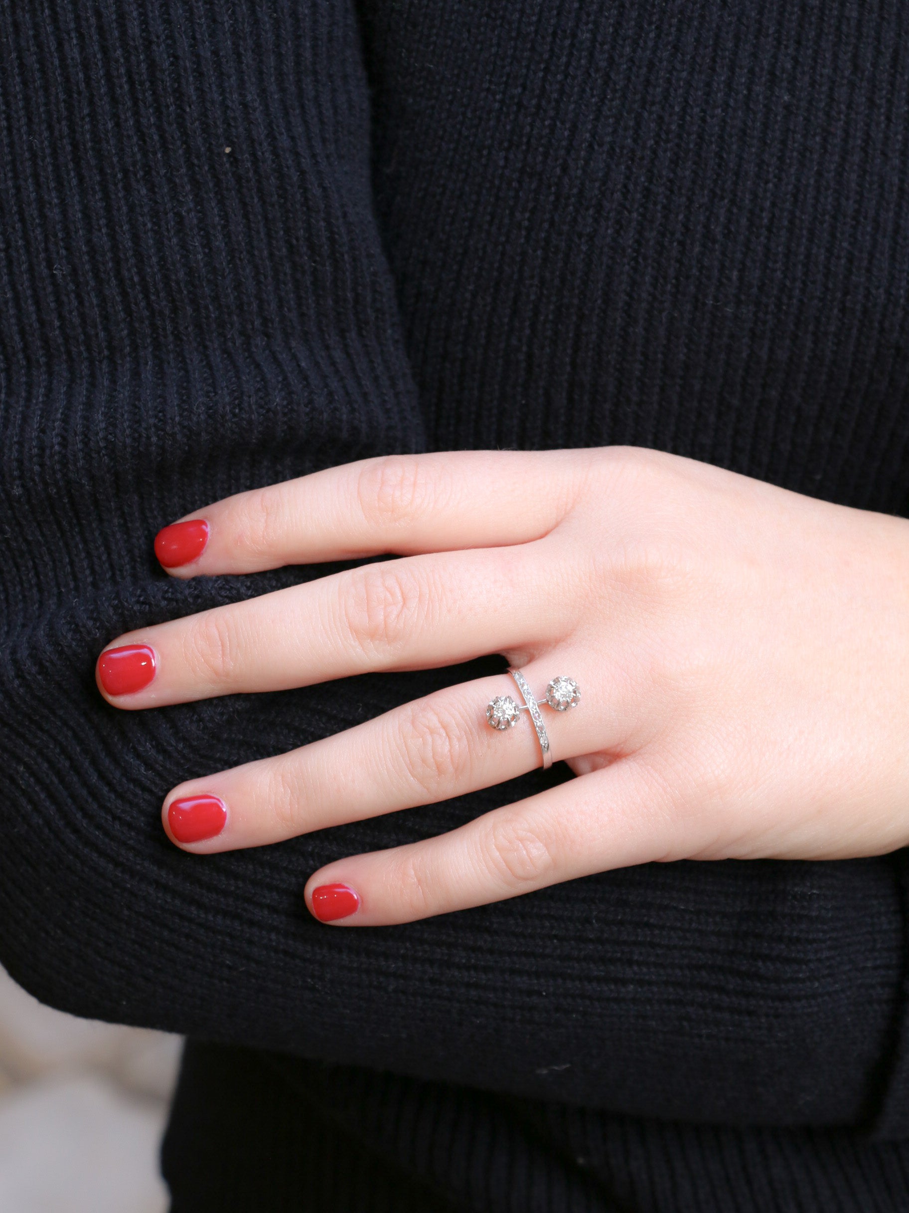 Bague toi et moi or blanc diamants taille ancienne