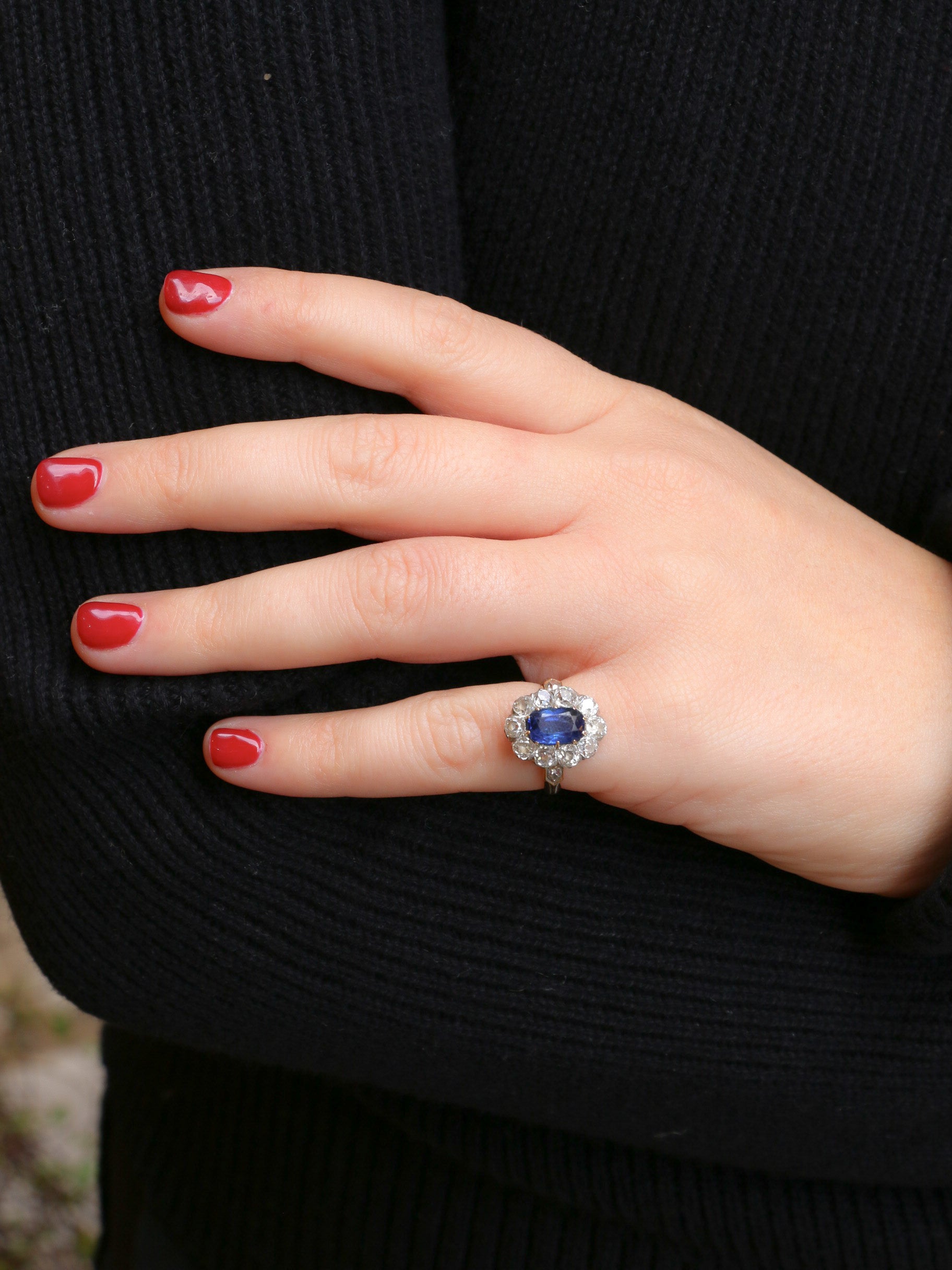 Bague marguerite victorienne or rose saphir diamants