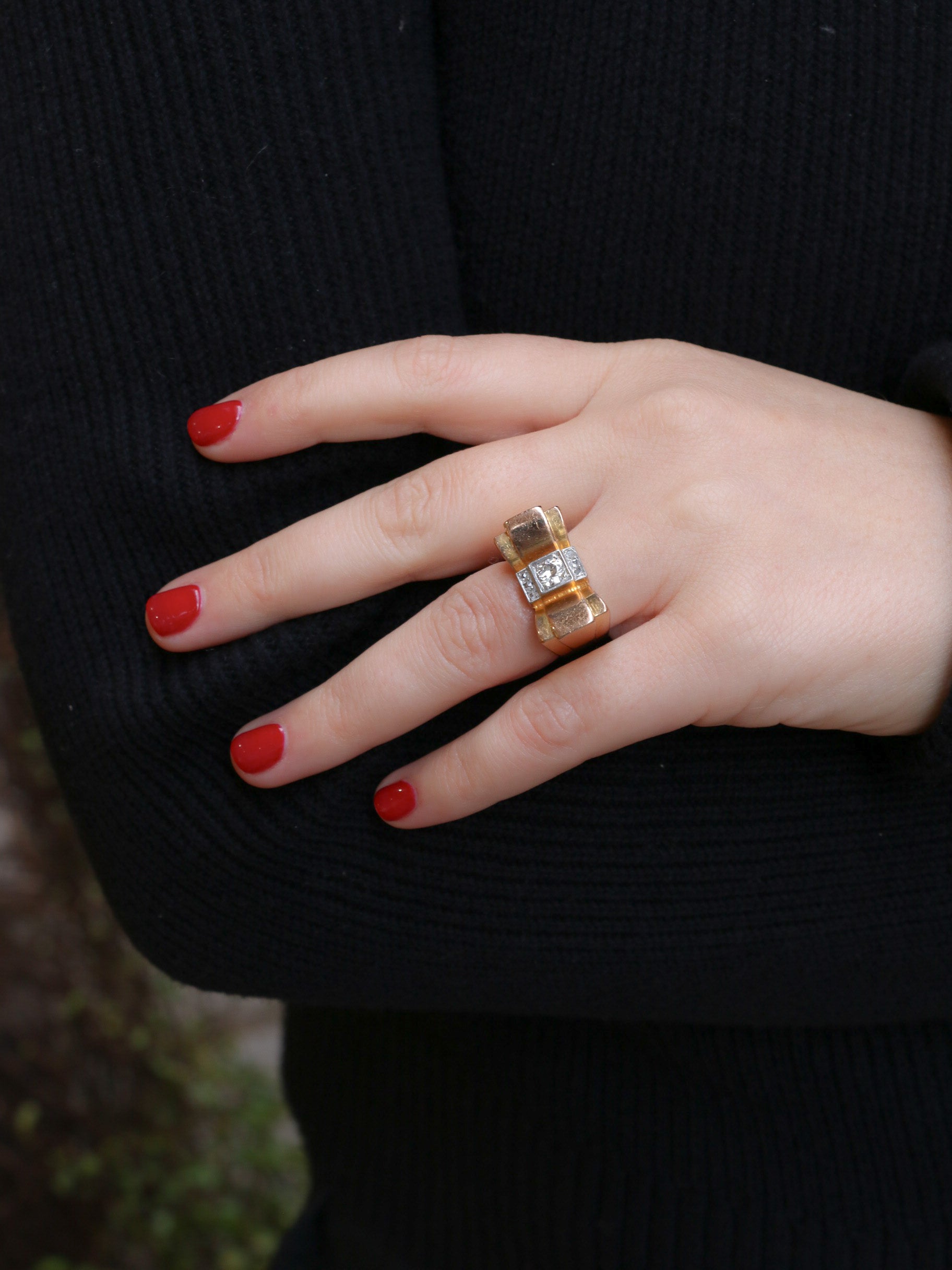 Tank ring in gold, platinum and old cut diamond 0.55 ct