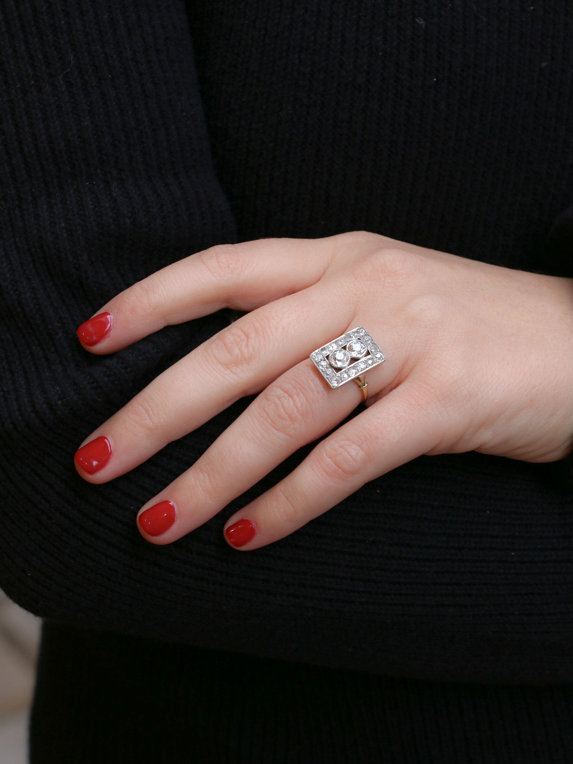 Art-Deco plaque ring in gold, platinum and old-cut diamonds