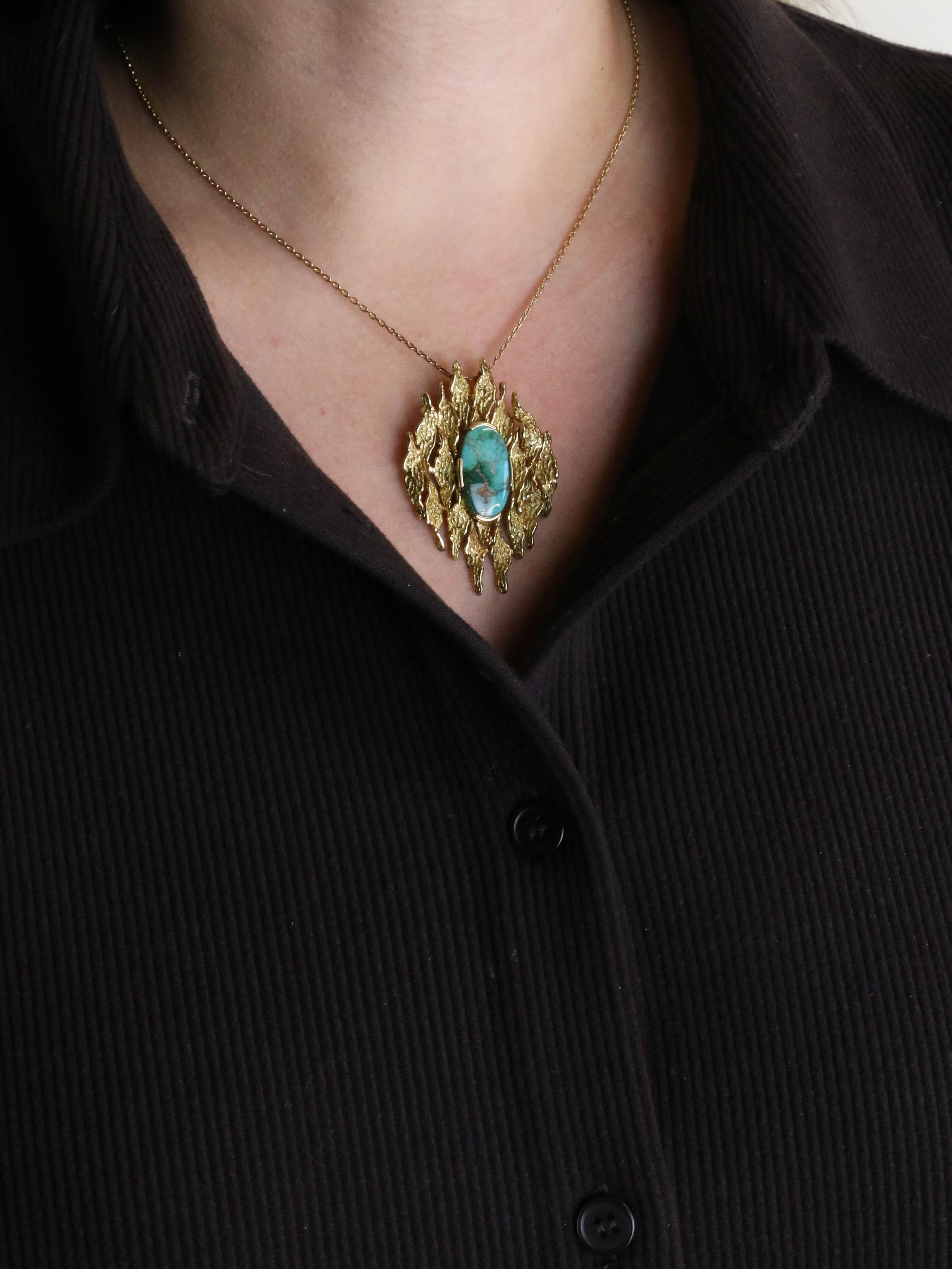 Broche Pendentif or jaune turquoise matrix
